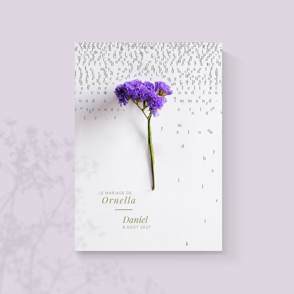 Purple Flower - Cette création met en valeur l’équilibre entre intensité et retenue : une dominante chromatique qui signe la page, des marges sobres qui offrent de l’air, une typographie régulière pour le confort de lecture. Conçue par nos créateurs, l’invitation revendique une modernité premium, sans emphase. Nous assurons la personnalisation complète : vous nous confiez le texte, nous le composons, ajustons la palette et ajoutons un logo discret si souhaité. Au format digital uniquement, l’envoi est immédiat. Chaque détail – rythme, contraste, échelle – sert la précision et la clarté.