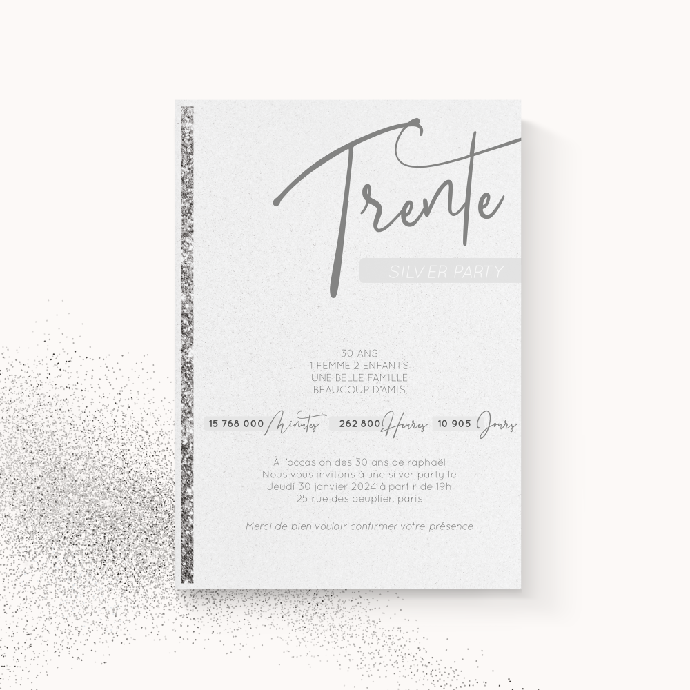 Silver Party - Le modèle adopte une esthétique mesurée : dominante chromatique douce, marges équilibrées, typographie régulière. Nos illustrateurs ont voulu une invitation premium qui installe un cadre sobre et élégant. Nous réalisons la personnalisation : texte intégré avec précision, palette ajustée, ajout discret d’un logo si nécessaire. Diffusée uniquement au format digital, elle atteint vos invités immédiatement. Chaque élément – rythme, contraste, alignements – contribue à une fluidité durable. Une correspondance contemporaine, simple et raffinée.