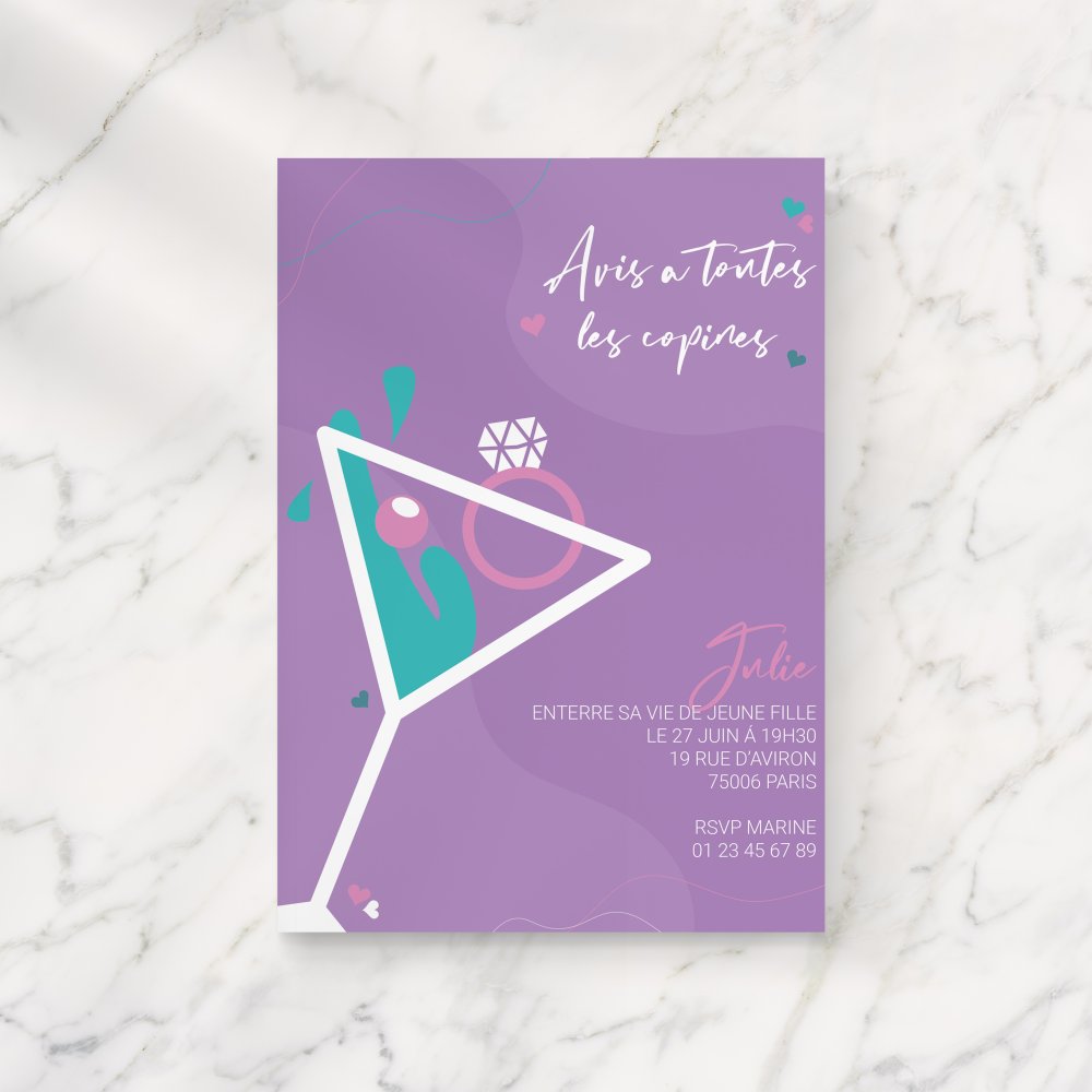 Cocktail Violet - Cette invitation met en avant la simplicité lumineuse : dominante chromatique claire, marges équilibrées, typographie posée. Nos créateurs ont voulu un design premium qui privilégie la sobriété et la justesse. Nous réalisons la personnalisation : texte intégré avec soin, teintes harmonisées, ajout discret d’un logo. Diffusée exclusivement en numérique, elle rejoint vos invités instantanément. Chaque choix – alignements, contrastes, proportions – a été pensé pour offrir une lecture fluide et élégante. Une correspondance contemporaine, sobre et raffinée.