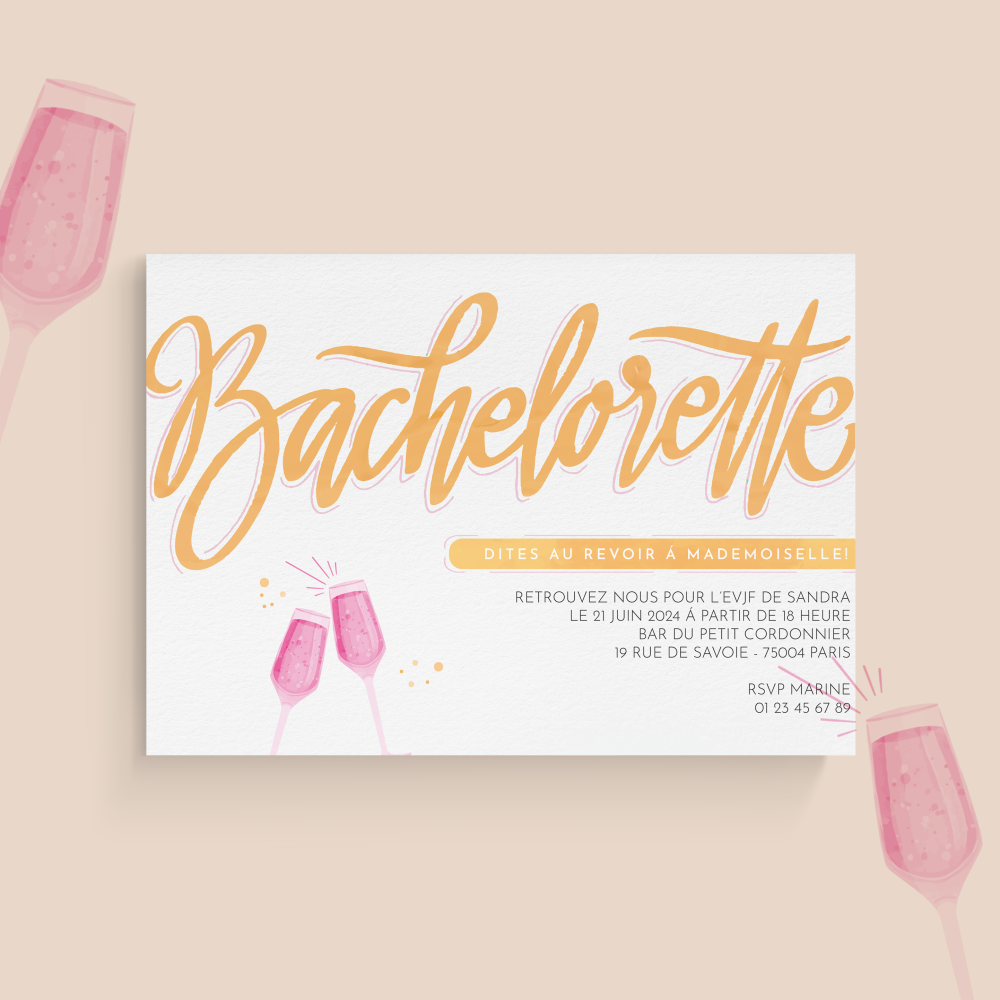 Bachelorette Orange - Le dessin illustre une modernité sobre : dominante chromatique affirmée, marges régulières, typographie claire. L’ensemble compose une invitation premium, droite et raffinée. Réalisée par nos illustrateurs, elle privilégie la mesure et la cohérence. Nous assurons la personnalisation sur mesure : vous nous transmettez votre texte, nous l’intégrons avec précision, harmonisons la palette et ajoutons un logo discret si besoin. Entièrement digitale, elle atteint vos invités sans délai. Chaque élément – hiérarchie, cadence, contrastes – a été calibré pour préserver élégance et fluidité. Une correspondance contemporaine, fiable et élégante.