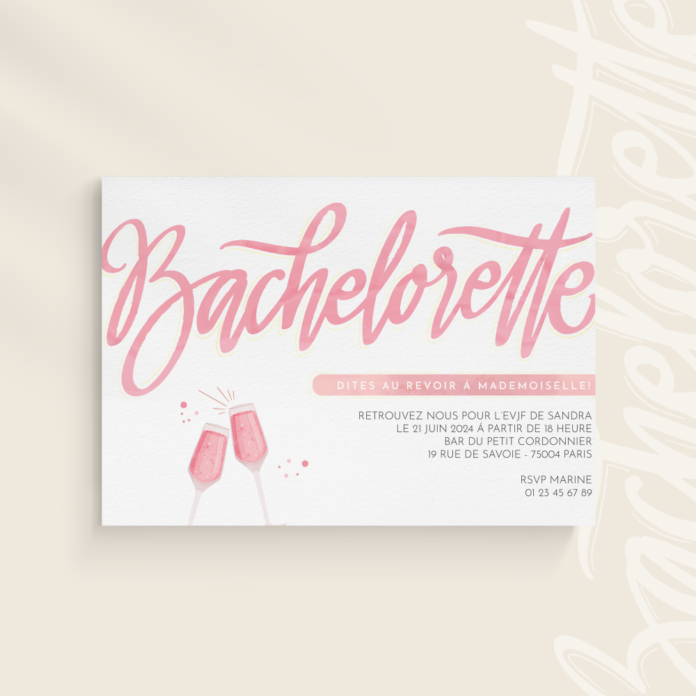 Bachelorette Rose - Cette invitation s’exprime dans une esthétique apaisée : dominante chromatique douce, marges régulières, typographie claire. Nos créateurs ont privilégié une sobriété premium où vos mots trouvent toute leur place. Nous assurons la personnalisation : intégration du texte, harmonisation des teintes, ajout discret d’un logo si besoin. Diffusée exclusivement en digital, elle rejoint vos invités instantanément. Chaque détail – proportions, contrastes, hiérarchie – a été travaillé pour garantir fluidité et élégance. Une correspondance contemporaine, simple et raffinée.