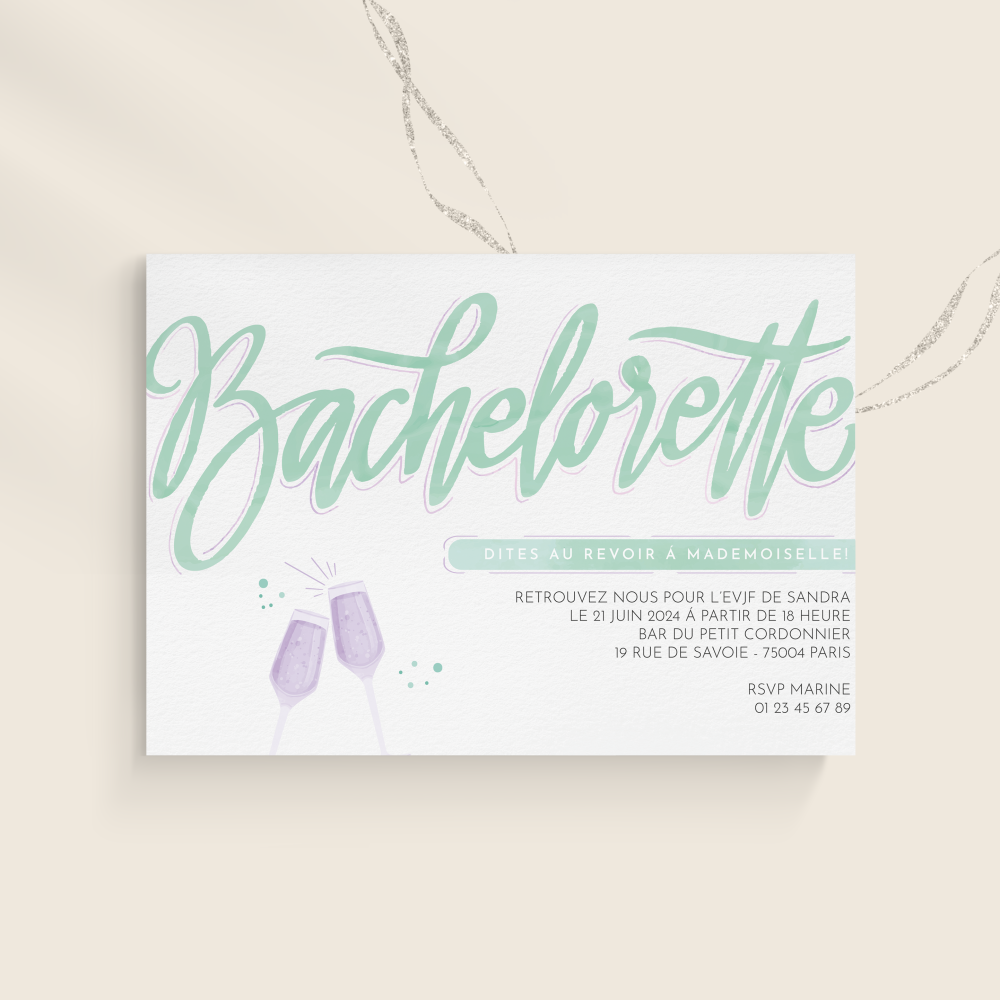 Bachelorette Vert - Cette invitation illustre une sobriété nette : dominante chromatique posée, proportions équilibrées, typographie précise. Nos créateurs ont conçu une esthétique premium qui met en avant la clarté et l’élégance. Nous assurons la personnalisation complète : texte intégré, ajustement des teintes, ajout discret d’un logo. Entièrement digitale, elle rejoint vos invités immédiatement. Chaque détail – rythme, contraste, hiérarchie – a été travaillé pour garantir fluidité et raffinement. Une correspondance contemporaine, sobre et fiable.