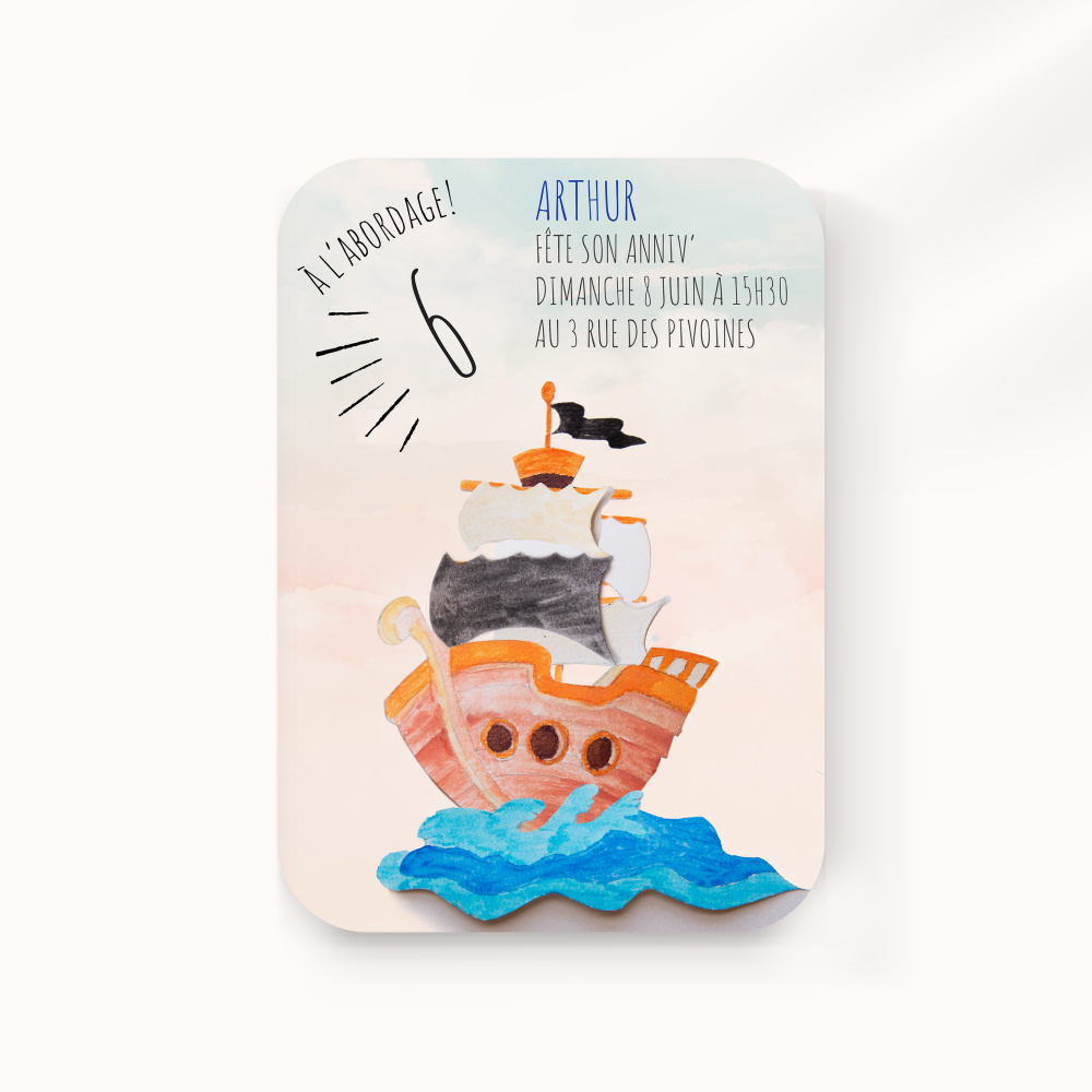 Pirate - Le modèle affirme une sobriété lumineuse : dominante chromatique douce, marges équilibrées, typographie claire. Nos créateurs ont privilégié une esthétique premium qui met en avant clarté et équilibre. Nous assurons la personnalisation : intégration du texte, harmonisation des couleurs, ajout discret d’un logo. Entièrement digitale, elle atteint vos invités instantanément. Chaque choix – alignements, proportions, contrastes – concourt à une lecture fluide et élégante. Une correspondance contemporaine, simple et raffinée.