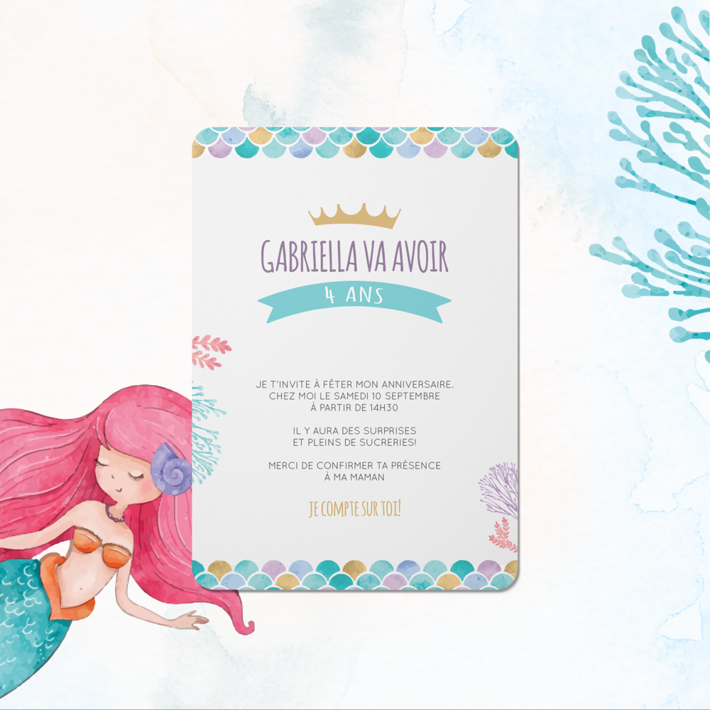 Bubbly Mermaid - Pensée comme une correspondance claire et sensible, cette création met en valeur la couleur dominante en la travaillant dans une texture subtile. Les contrastes sont maîtrisés, les volumes équilibrés, de manière à ce que vos mots demeurent au centre. Nos illustrateurs ont imaginé une esthétique intemporelle et sobre, parfaitement adaptée à vos annonces importantes. Nous nous occupons de la personnalisation : texte intégré, nuances harmonisées, logo ajouté si nécessaire. Diffusée exclusivement au format numérique, elle rejoint vos destinataires aussitôt et donne une tonalité moderne et élégante à votre message. Une invitation qui marie délicatesse et efficacité. 