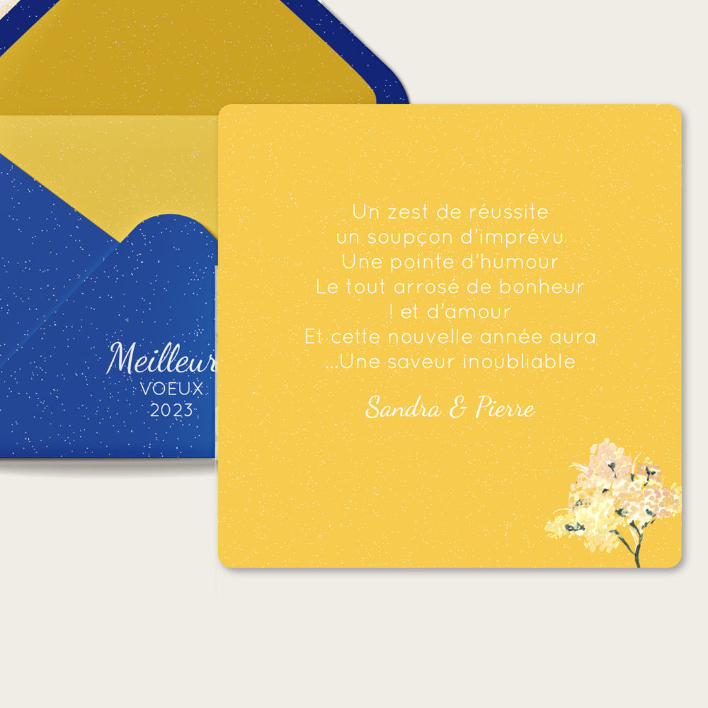 Yellow Flower - Summer Tree invite à une promenade sous un arbre majestueux en plein été, dont le feuillage vert généreux déploie son ombre apaisante. Cette carte de vœux évoque la vitalité de la nature et l’harmonie des saisons, un souffle de fraîcheur qui accompagne vos souhaits. Le vert dominant incarne l’espoir, la croissance et le renouveau, donnant à vos mots une résonance vivante et optimiste. Conçu par nos illustrateurs, ce modèle unit raffinement graphique et inspiration végétale. Nous intégrons votre texte avec précision, ajustons les teintes si nécessaire et ajoutons un logo discret selon vos besoins. En format digital, Summer Tree s’adresse immédiatement à vos destinataires, comme une brise d’été qui traverse l’écran. Plus qu’un simple message, c’est une correspondance poétique et moderne, un moyen élégant de transmettre vos pensées avec naturel et sincérité.