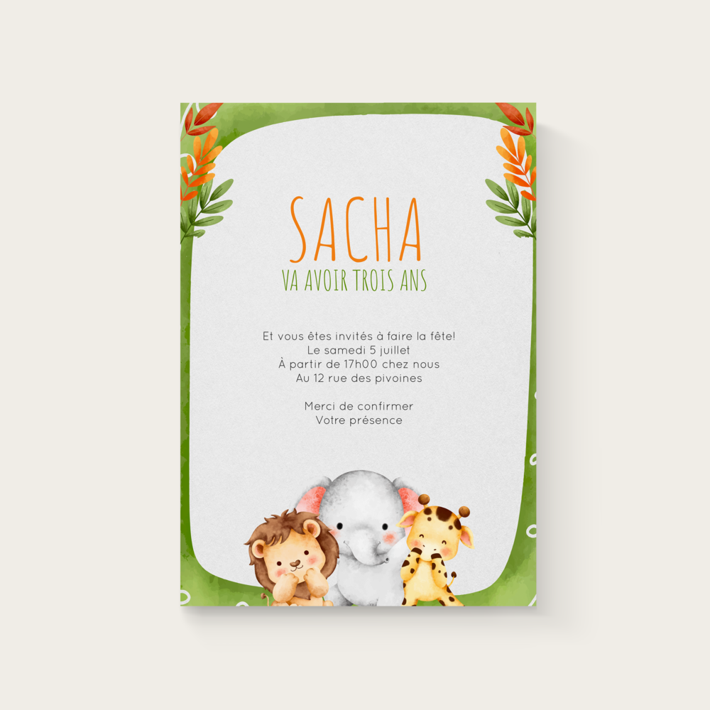 Jungle King - Cette création fait dialoguer des formes nettes et des teintes harmonieuses pour proposer une invitation équilibrée et élégante. La couleur dominante, choisie pour sa douceur, met en lumière vos mots et leur confère un écrin raffiné. Nos créateurs ont conçu ce modèle comme un support sobre et original, adapté à vos annonces les plus importantes. Vous nous confiez votre texte ; nous l’intégrons avec soin, en ajustant les nuances et en ajoutant un logo discret. En format exclusivement digital, l’envoi est immédiat et moderne. Chaque proportion, chaque espace a été pensé pour privilégier fluidité et justesse. Une correspondance contemporaine qui valorise l’essentiel : vos intentions et l’attention portée à vos invités.