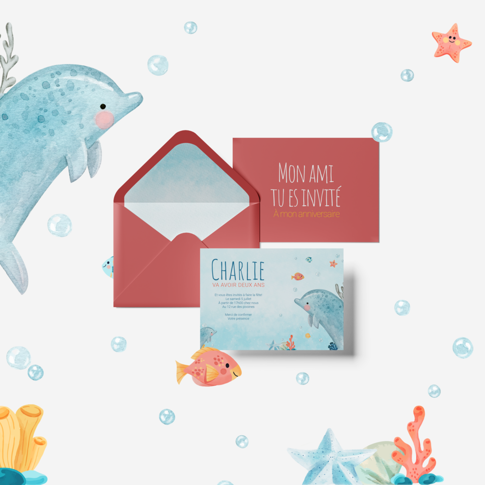 Dauphin - Cette invitation se déploie dans une harmonie de teintes lumineuses, pensée pour accompagner vos annonces avec élégance. Le choix chromatique, volontairement raffiné, met en valeur un graphisme original créé par nos illustrateurs, où chaque détail traduit une intention soignée. Vous nous confiez votre texte, nous le composons avec précision, en ajustant si nécessaire les nuances et en ajoutant un logo discret. Exclu­sivement digitale, l’invitation est envoyée immédiatement à vos destinataires pour une diffusion claire et moderne. Ce modèle a été conçu pour donner du relief à vos messages, sans superflu, avec une poésie visuelle qui laisse la place aux mots essentiels. Une correspondance contemporaine, à la fois délicate et expressive, qui transforme un simple envoi en véritable attention. 