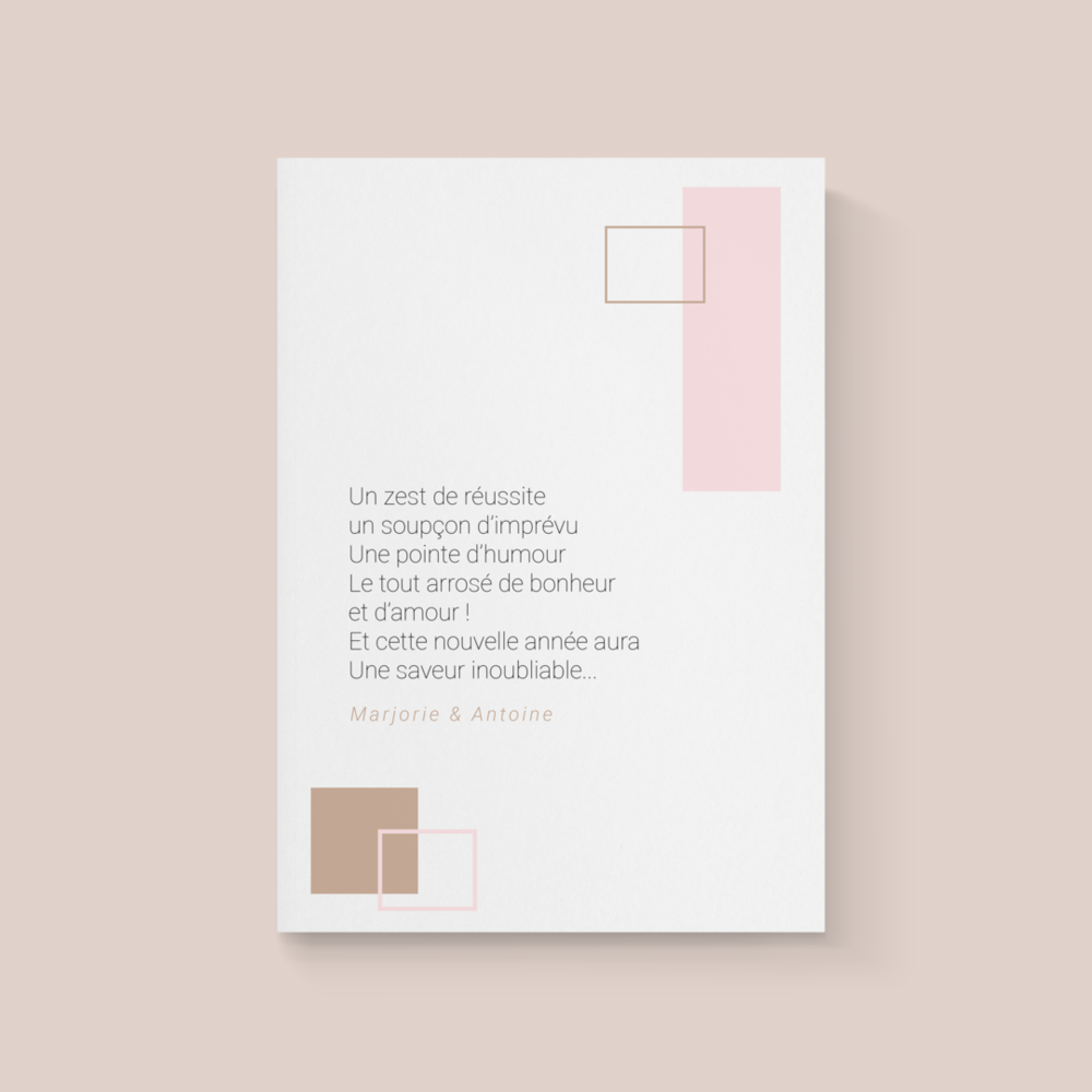 Soft And Square - La carte Soft And Square s’articule autour d’un bleu pastel apaisant, travaillé en formes géométriques carrées qui semblent danser avec harmonie. Pensée comme une carte de vœux, elle véhicule équilibre et sérénité, comme un souffle doux qui accompagne vos souhaits. Sa composition minimaliste attire par sa sobriété : elle ne cherche pas à en faire trop, mais traduit l’essentiel avec élégance. Dans ce carré parfait se loge toute l’attention portée à vos destinataires, un souhait sincère enveloppé de simplicité graphique. Nos créateurs ont imaginé ce modèle comme une œuvre de calme et de mesure. Nous y intégrons votre texte avec précision, ajustons si nécessaire les nuances ou ajoutons un signe distinctif qui reflète votre identité. En version digitale, elle s’adresse immédiatement à vos proches, délivrant un message clair et raffiné. Soft And Square est la promesse d’une correspondance moderne où chaque mot trouve sa place dans une composition à la fois sobre et poétique.