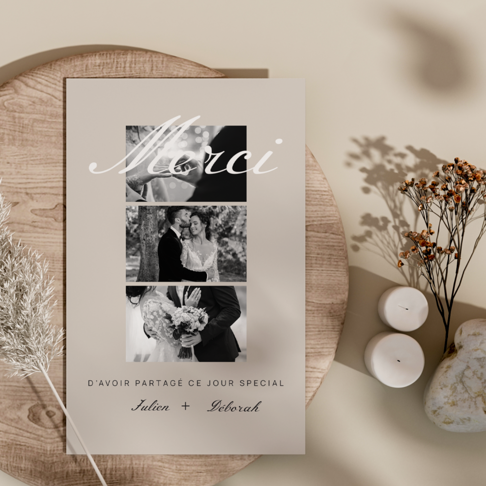 Rustique élégant Merci - L’accent de cette création se situe dans l’équilibre entre sobriété et expressivité. La couleur principale souligne vos mots avec douceur, tandis que la composition aérée permet une lecture fluide. Nos illustrateurs ont pensé cette invitation comme un espace clair et distingué, dédié à vos annonces essentielles. Vous nous confiez votre texte ; nous le mettons en page avec soin, adaptons les nuances et ajoutons un logo discret si vous le souhaitez. Diffusée uniquement au format numérique, elle rejoint instantanément vos invités. Le design privilégie l’harmonie et la précision, afin que vos messages trouvent une résonance durable. Une invitation contemporaine qui conjugue modernité et délicatesse.
