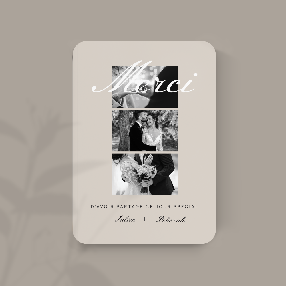 Rustique élégant Merci - L’accent de cette création se situe dans l’équilibre entre sobriété et expressivité. La couleur principale souligne vos mots avec douceur, tandis que la composition aérée permet une lecture fluide. Nos illustrateurs ont pensé cette invitation comme un espace clair et distingué, dédié à vos annonces essentielles. Vous nous confiez votre texte ; nous le mettons en page avec soin, adaptons les nuances et ajoutons un logo discret si vous le souhaitez. Diffusée uniquement au format numérique, elle rejoint instantanément vos invités. Le design privilégie l’harmonie et la précision, afin que vos messages trouvent une résonance durable. Une invitation contemporaine qui conjugue modernité et délicatesse.