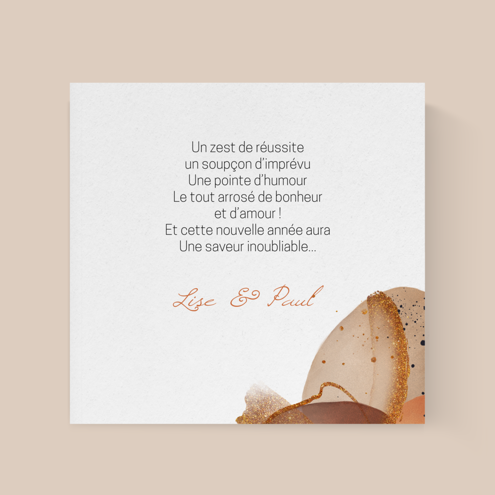 Glitter Texture - Spring Blossom resplendit de fleurs délicates aux teintes pastel qui annoncent la renaissance des beaux jours. Conçue comme une carte de vœux, elle enveloppe vos messages d’une atmosphère douce et lumineuse. Le rose et le vert s’entrelacent pour incarner la fraîcheur et l’harmonie, offrant à vos mots un écrin naturel et élégant. Chaque détail graphique, pensé par nos créateurs, traduit une poésie florale qui évoque la promesse d’un nouveau départ. Nous intégrons votre texte avec soin, ajustons si nécessaire les nuances ou ajoutons un logo discret pour signer votre envoi. Diffusée uniquement en format digital, Spring Blossom parvient immédiatement à vos destinataires et transforme un simple vœu en une attention raffinée. Une correspondance contemporaine qui marie sensibilité et modernité.