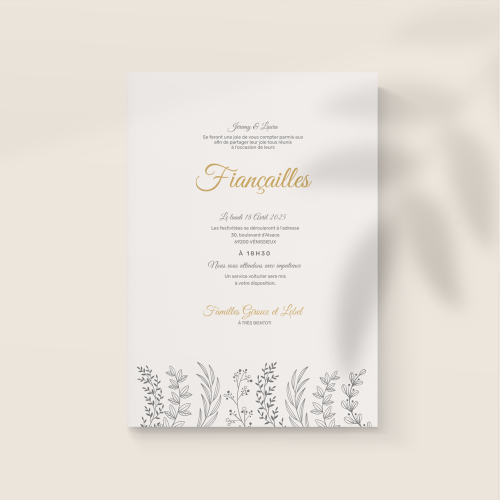 Royal Garden Ring - Cette invitation explore une modernité tranquille : aplats maîtrisés, lignes souples, lumière mesurée. La couleur dominante soutient le message sans l’écraser et installe un ton sûr. Conçu par nos illustrateurs, le modèle valorise l’essentiel : lisibilité, tenue et cohérence. Nous assurons la personnalisation sur mesure : texte composé, nuances harmonisées, logo discret si souhaité. Entièrement digitale, l’invitation est envoyée immédiatement à vos invités. Chaque détail — marges, rythme, interlignage — est calibré pour une présence nette et durable. Une correspondance premium, intemporelle dans sa sobriété, qui accompagne vos annonces avec tact et précision.