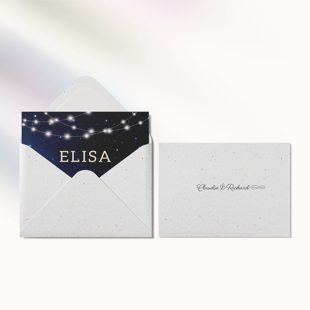 Nuit étoilée - Ici, la modernité s’exprime par la simplicité : une couleur dominante posée comme une note juste, des lignes franches, un rythme visuel régulier. L’ensemble met vos mots au centre et en renforce la portée. Conçue par nos illustrateurs, l’invitation assume une signature graphique claire et durable. Nous gérons la personnalisation de bout en bout : intégration du texte, réglage des teintes, ajout d’un logo discret si nécessaire. Entièrement digitale, elle rejoint vos destinataires sans délai et se partage facilement. Chaque détail est pesé pour préserver lisibilité et élégance. Une création sur mesure, droite et contemporaine, pour annoncer avec assurance et délicatesse.