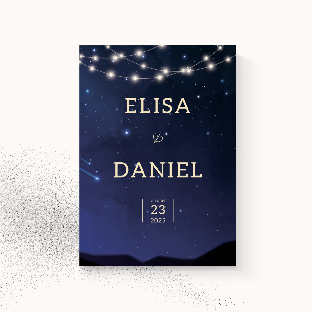 Nuit Bleue étoilée - Cette création met en valeur une dominante chromatique lumineuse, encadrée par des alignements précis et une typographie soignée. Les proportions, volontairement apaisées, offrent un écrin contemporain à vos annonces. Nos illustrateurs ont opté pour une esthétique claire, débarrassée de tout superflu, afin de laisser l’émotion affleurer. Vous nous confiez votre texte ; nous le composons avec exactitude, harmonisons la palette et ajoutons un logo discret selon vos souhaits. Envoyée uniquement en format digital, l’invitation atteint vos invités immédiatement. Le style assume la retenue et la rigueur pour un impact net et élégant. Une correspondance haut de gamme, fiable et actuelle, qui transforme un message en attention précieuse.