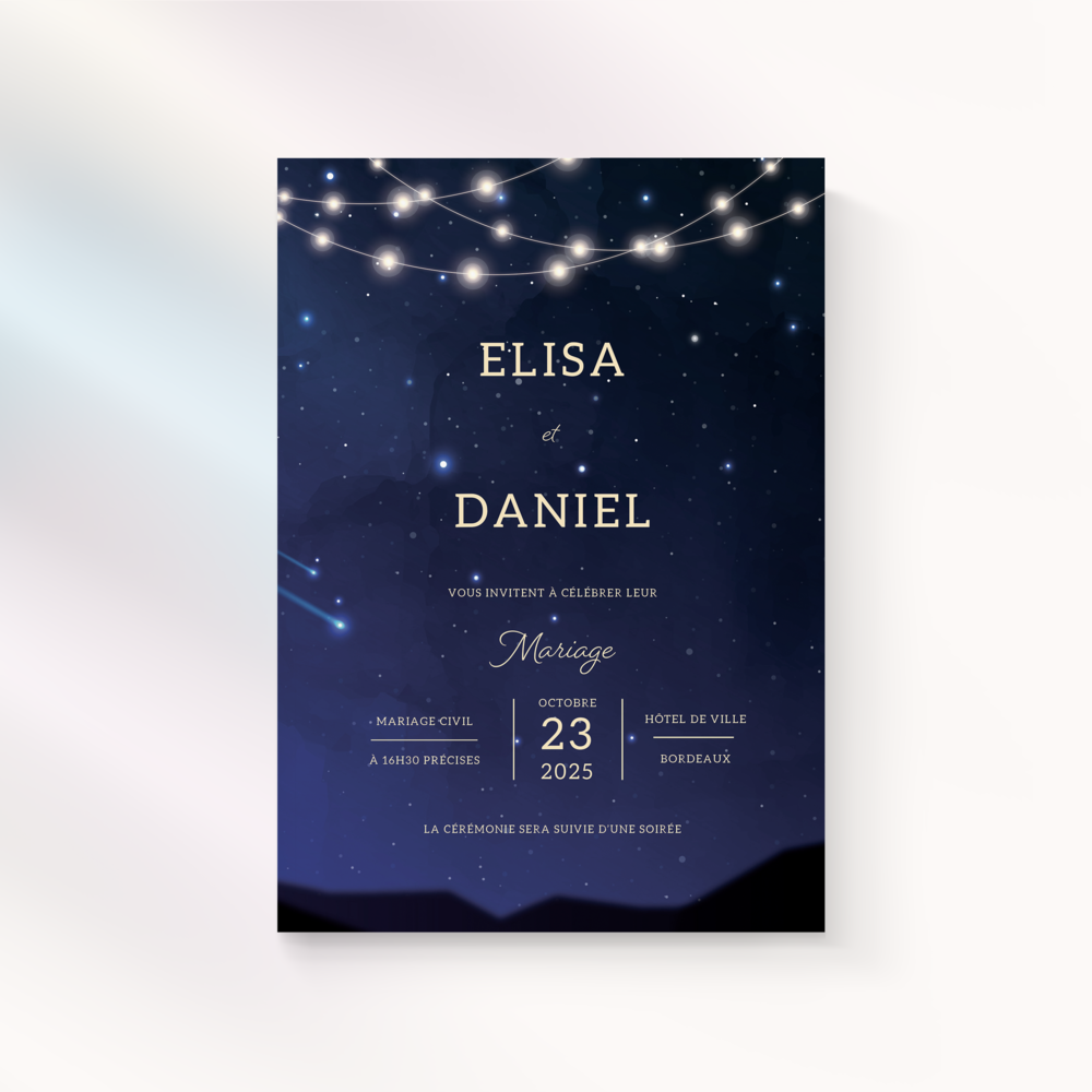 Nuit étoilée - Ici, la modernité s’exprime par la simplicité : une couleur dominante posée comme une note juste, des lignes franches, un rythme visuel régulier. L’ensemble met vos mots au centre et en renforce la portée. Conçue par nos illustrateurs, l’invitation assume une signature graphique claire et durable. Nous gérons la personnalisation de bout en bout : intégration du texte, réglage des teintes, ajout d’un logo discret si nécessaire. Entièrement digitale, elle rejoint vos destinataires sans délai et se partage facilement. Chaque détail est pesé pour préserver lisibilité et élégance. Une création sur mesure, droite et contemporaine, pour annoncer avec assurance et délicatesse.