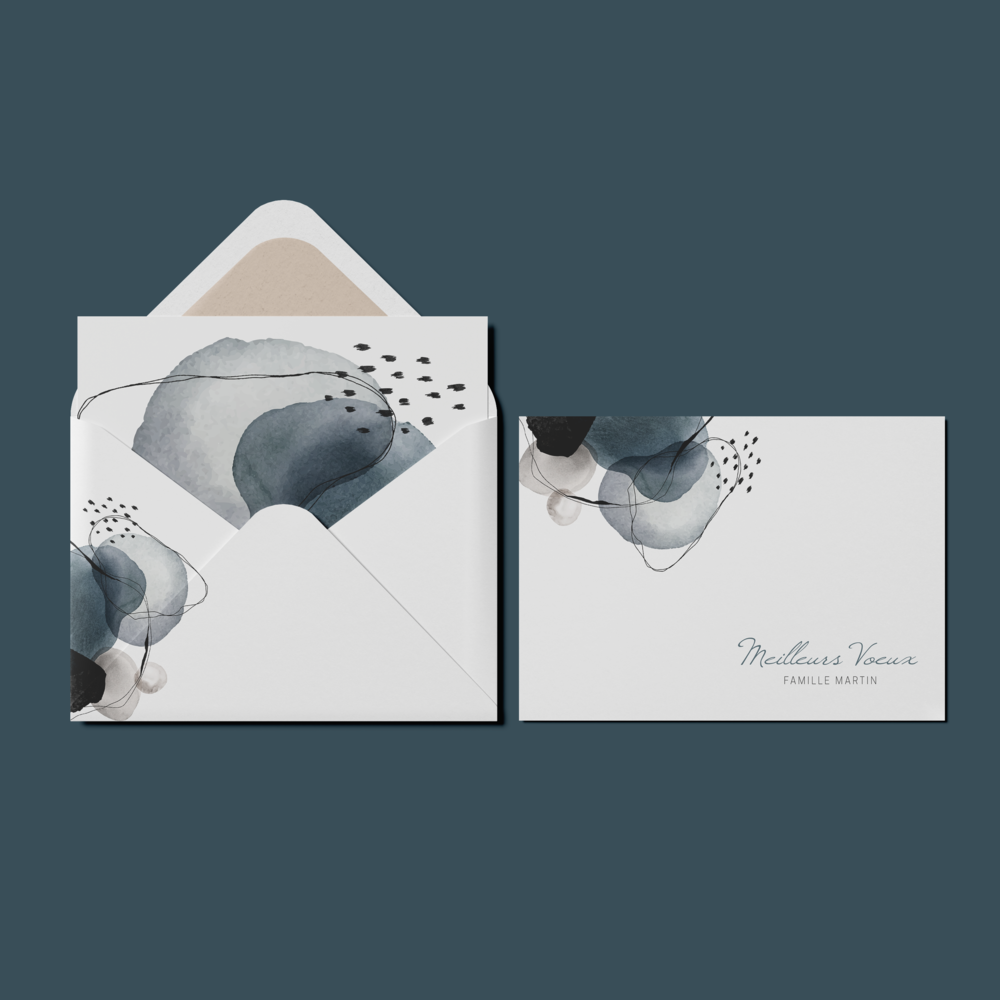 Abstract Blue - Le modèle Abstract Blue déploie une palette de bleus qui se croisent et s’entrelacent comme les vagues d’un océan en mouvement. Cette carte de vœux transforme vos souhaits en une peinture vivante, presque aquarellée, où chaque nuance exprime une émotion. L’abstraction libère l’imaginaire : on y voit tour à tour un ciel changeant, une mer profonde ou un souffle artistique. Ce graphisme original traduit une vision contemporaine de la correspondance, où l’art et le message se rejoignent. Créée par des illustrateurs passionnés, Abstract Blue est une pièce unique qui séduit par sa modernité. Nous y intégrons vos mots avec soin, en adaptant la palette si besoin ou en ajoutant un logo discret. Diffusée uniquement au format numérique, elle parvient instantanément à vos destinataires. Offrir cette carte, c’est partager plus qu’un vœu : c’est inviter à une contemplation, un instant de beauté qui accompagne vos pensées avec élégance et intensité.