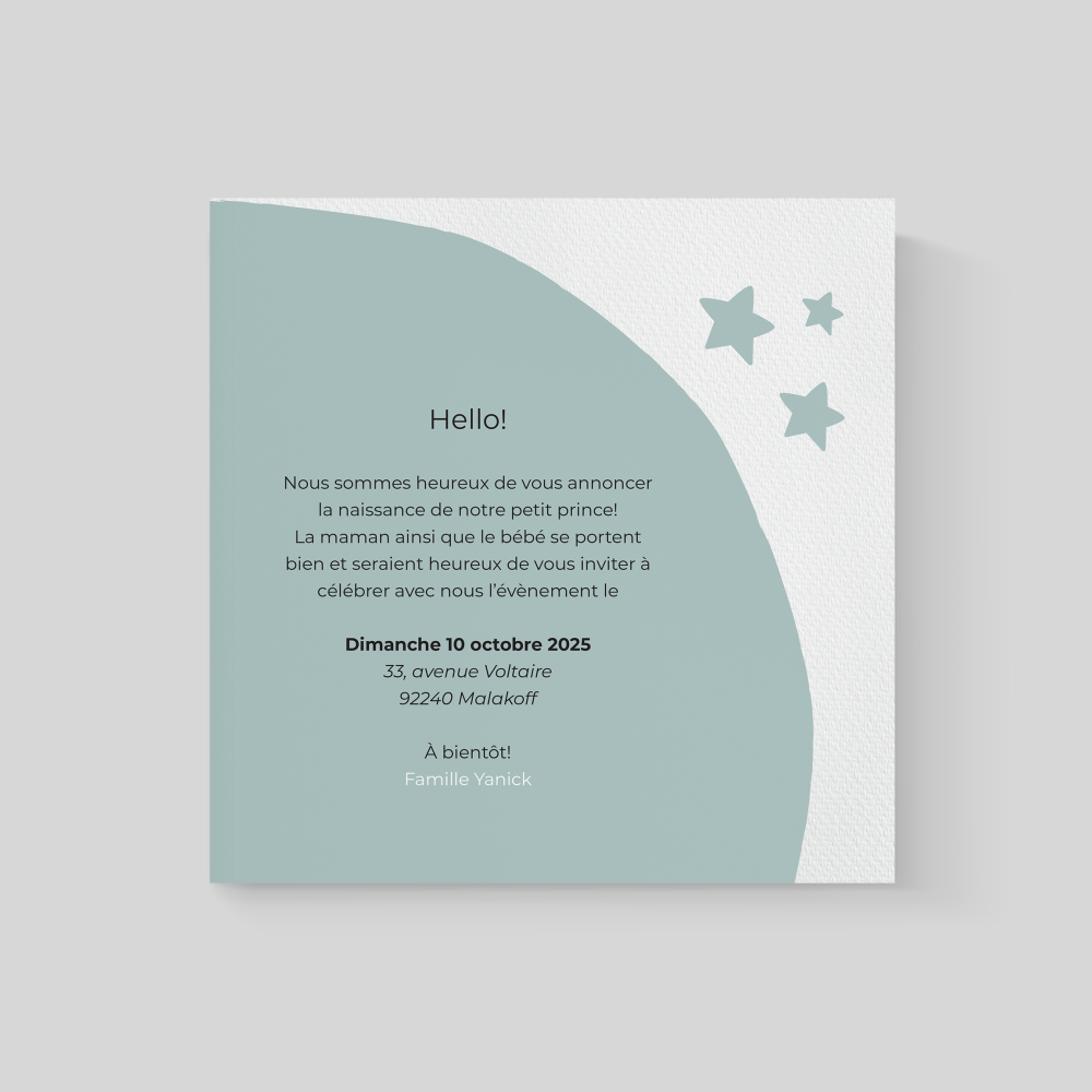 Loving Bear - Tout en nuances de bleu tendre, l’invitation Loving Bear met en avant un adorable ours, compagnon imaginaire de l’enfance et symbole de douceur. Conçue pour annoncer une baby shower, elle traduit l’émotion d’un moment rare, celui de partager avec ses proches l’attente joyeuse d’un nouveau-né. Le graphisme délicat, à la fois enfantin et raffiné, crée une atmosphère rassurante et poétique. Chaque détail reflète l’attention portée par nos créateurs, qui ont imaginé une mise en scène à la fois tendre et élégante. Vous nous confiez vos mots et nous les intégrons avec soin, en adaptant si nécessaire les couleurs ou en ajoutant un logo discret. Diffusée au format numérique, Loving Bear rejoint immédiatement vos invités et transforme votre annonce en un souvenir marquant. Plus qu’une simple carte, c’est une invitation emplie d’affection et de raffinement, qui illustre la poésie de l’enfance et la magie d’une attente partagée.