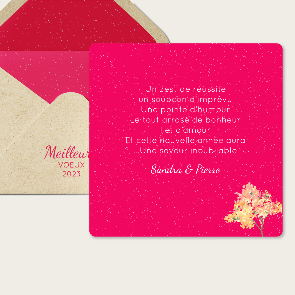 Pink Flower - La carte Pink Flower resplendit d’un rose éclatant, vif et lumineux, qui évoque la fraîcheur d’un bouquet en pleine floraison. Ses motifs floraux rappellent l’énergie et la vitalité des saisons qui s’ouvrent, comme une explosion de vie et de couleurs. Conçue comme une carte de vœux, elle exprime spontanéité et élégance, en offrant à vos mots un cadre raffiné et poétique. Chaque pétale semble vibrer, transformant un message en une attention pleine de vitalité. Nos créateurs ont imaginé ce modèle comme une célébration visuelle, un mariage entre la nature et le design contemporain. Nous intégrons vos mots avec délicatesse, adaptons les nuances si nécessaire et ajoutons un logo discret à votre demande. Au format numérique, Pink Flower parvient instantanément à vos proches, traduisant votre message en une annonce élégante et actuelle. Avec Pink Flower, vos vœux prennent la forme d’une floraison joyeuse et poétique qui illumine la correspondance d’une note de fraîcheur.