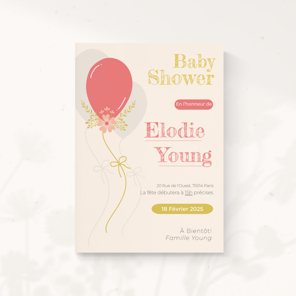 Vintage Balloon - Cette création met en valeur l’accord entre proportions justes et intensité chromatique contenue. La couleur dominante donne du caractère sans excès, tandis que la structure graphique offre un cadre lisible et élégant. Nos illustrateurs ont voulu une invitation premium, contemporaine et précise. Vous nous confiez le texte ; nous le composons, ajustons les teintes et ajoutons un logo discret. Diffusée uniquement en numérique, elle rejoint vos invités sans délai. Chaque détail — marges, rythme, hiérarchie typographique — a été conçu pour préserver clarté et harmonie. Une correspondance élégante, sobre et mesurée, qui valorise vos annonces.