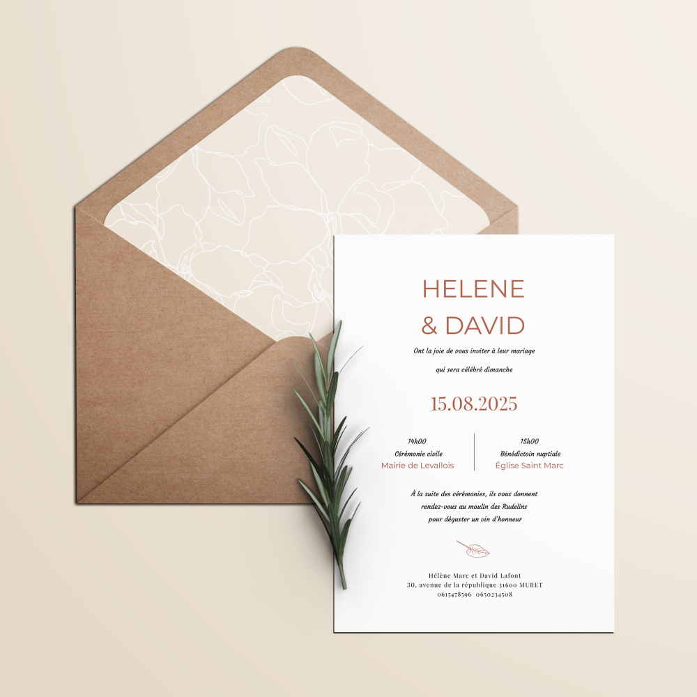 Rouille - Avec ce modèle, la modernité s’exprime par une clarté graphique nette et une couleur dominante qui soutient vos mots avec intensité contenue. Les proportions régulières et la typographie mesurée créent un cadre contemporain et sobre. Conçue par nos illustrateurs, l’invitation privilégie la retenue et l’élégance durable. Vous nous confiez le texte ; nous l’intégrons avec exactitude, harmonisons la palette et ajoutons un logo discret si nécessaire. Diffusée exclusivement au format numérique, elle parvient immédiatement à vos invités et facilite un partage élégant. Chaque détail — marges, contrastes, alignements — a été conçu pour offrir une présence premium, fiable et raffinée. Une correspondance moderne et intemporelle, faite pour annoncer avec clarté et distinction.