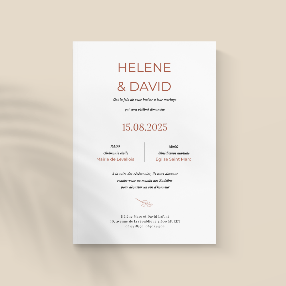 Rouille - Avec ce modèle, la modernité s’exprime par une clarté graphique nette et une couleur dominante qui soutient vos mots avec intensité contenue. Les proportions régulières et la typographie mesurée créent un cadre contemporain et sobre. Conçue par nos illustrateurs, l’invitation privilégie la retenue et l’élégance durable. Vous nous confiez le texte ; nous l’intégrons avec exactitude, harmonisons la palette et ajoutons un logo discret si nécessaire. Diffusée exclusivement au format numérique, elle parvient immédiatement à vos invités et facilite un partage élégant. Chaque détail — marges, contrastes, alignements — a été conçu pour offrir une présence premium, fiable et raffinée. Une correspondance moderne et intemporelle, faite pour annoncer avec clarté et distinction.