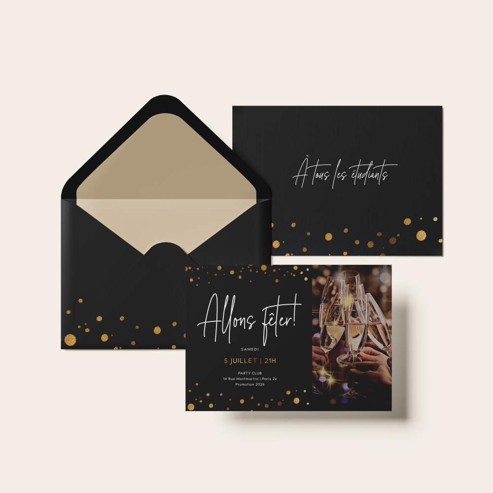 Gold Dots - Avec ce modèle, la couleur dominante se déploie comme une lumière calme qui structure la page. Les lignes sobres et les marges équilibrées installent une clarté contemporaine, propice à vos annonces. Nos créateurs ont voulu une invitation premium, simple et élégante, débarrassée de tout excès. Vous nous transmettez le texte ; nous le composons avec exactitude, ajustons les nuances et ajoutons un logo discret si souhaité. Entièrement digitale, elle est transmise immédiatement à vos destinataires. Le rendu final reflète précision et harmonie, pour une correspondance fiable et raffinée. Une création moderne et durable, adaptée à toutes les occasions.