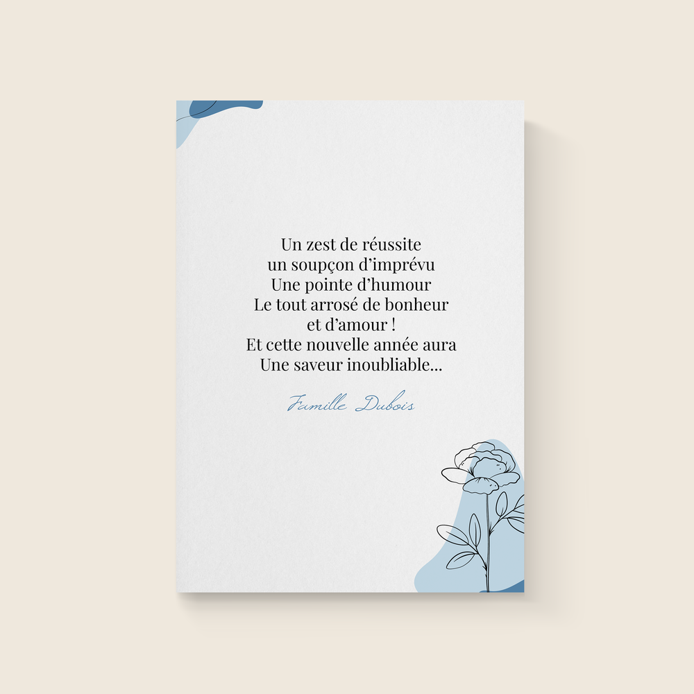 Blue Terracotta - Ocean Wave deploie un bleu profond aux ondulations paisibles, comme une mer qui respire a l unite d un souffle regulier. Carte de voeux contemporaine, elle accueille vos messages dans un mouvement fluide qui evoque les voyages, le retour au calme et l elan d un nouveau depart. La couleur dominante bleue porte une sensation de clarte et de confiance, tandis que le dessin libre des vagues installe un rythme visuel apaisant. Concue par nos createurs, cette piece originale privilegie une ecriture graphique sobre et harmonieuse. Vous nous transmettez votre texte, nous le composons avec soin, en ajustant au besoin les nuances ou en ajoutant un logo discret. Diffusee uniquement au format digital, Ocean Wave parvient instantanement a vos destinataires et transforme un simple message en une attention elegante et contemporaine. Une correspondance qui laisse une empreinte de profondeur et de serenite durable.