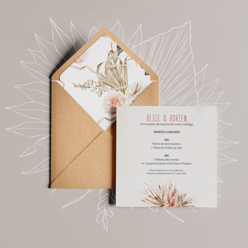 Boho Chic - Pensée comme un écrin sobre, cette invitation met en avant la couleur dominante dans une mise en page équilibrée. Les contrastes mesurés et la typographie précise installent un climat clair et élégant. Nos illustrateurs ont privilégié une esthétique contemporaine qui valorise la retenue. Vous nous confiez le texte ; nous l’intégrons avec exactitude, ajustons la palette et ajoutons un logo discret si souhaité. Diffusée uniquement en numérique, elle atteint vos invités sans délai. Chaque détail – alignements, proportions, cadence – concourt à la cohérence du rendu. Une correspondance premium, durable et raffinée.