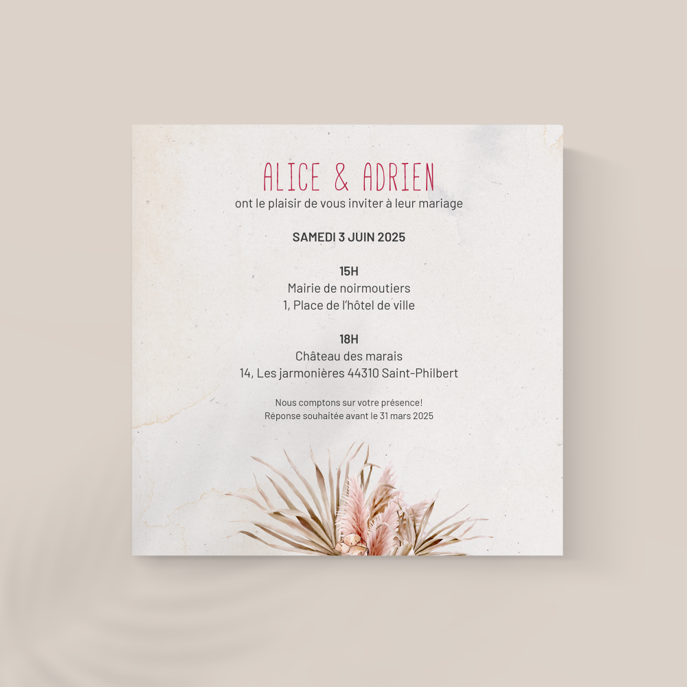 Boho Chic - Pensée comme un écrin sobre, cette invitation met en avant la couleur dominante dans une mise en page équilibrée. Les contrastes mesurés et la typographie précise installent un climat clair et élégant. Nos illustrateurs ont privilégié une esthétique contemporaine qui valorise la retenue. Vous nous confiez le texte ; nous l’intégrons avec exactitude, ajustons la palette et ajoutons un logo discret si souhaité. Diffusée uniquement en numérique, elle atteint vos invités sans délai. Chaque détail – alignements, proportions, cadence – concourt à la cohérence du rendu. Une correspondance premium, durable et raffinée.