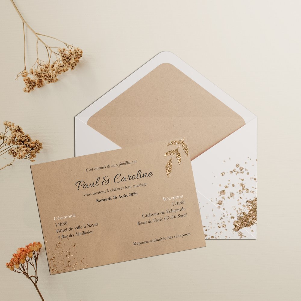 Craft And Gold - Le modèle met en scène une modernité sobre : dominante chromatique au timbre serein, structure régulière, respiration typographique maîtrisée. Nos créateurs ont privilégié l’épure pour donner de l’ampleur à vos mots et une cohérence durable à l’ensemble. Nous prenons en charge la personnalisation sur mesure : intégration du texte, réglage des teintes, ajout d’un logo discret selon vos souhaits. Diffusée uniquement en numérique, l’invitation parvient sans délai à vos invités. La force du design tient à la précision des marges, au tempo des blancs et à la justesse des contrastes. Une correspondance premium, droite et élégante, faite pour vos annonces essentielles.