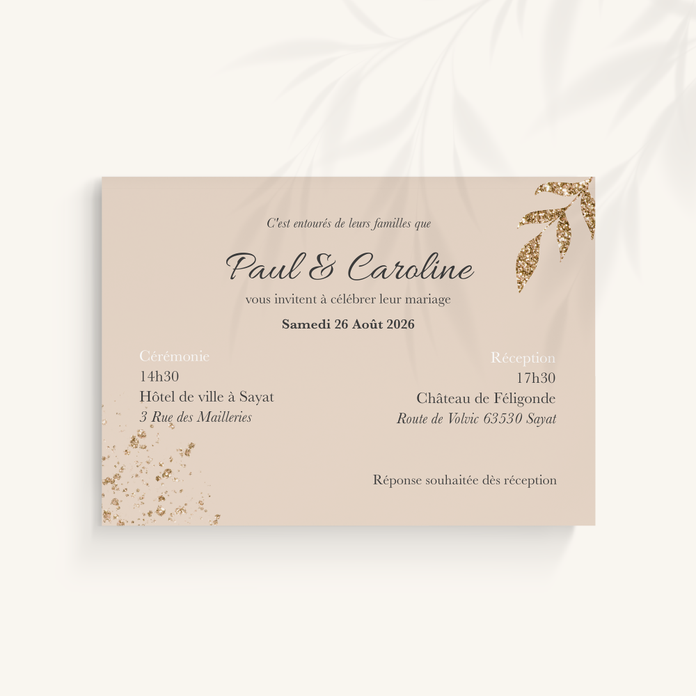 Rose And Gold - Cette invitation s’appuie sur une dominante chromatique expressive, adoucie par une composition claire et mesurée. Les lignes sobres et la typographie régulière favorisent une lecture fluide. Nos illustrateurs ont imaginé une esthétique premium qui privilégie la cohérence et l’équilibre. Vous nous transmettez le texte ; nous le composons avec soin, harmonisons la palette et ajoutons un logo discret si nécessaire. Diffusée uniquement au format numérique, elle rejoint vos invités immédiatement. Une correspondance moderne, raffinée et fiable, adaptée à toutes vos annonces.