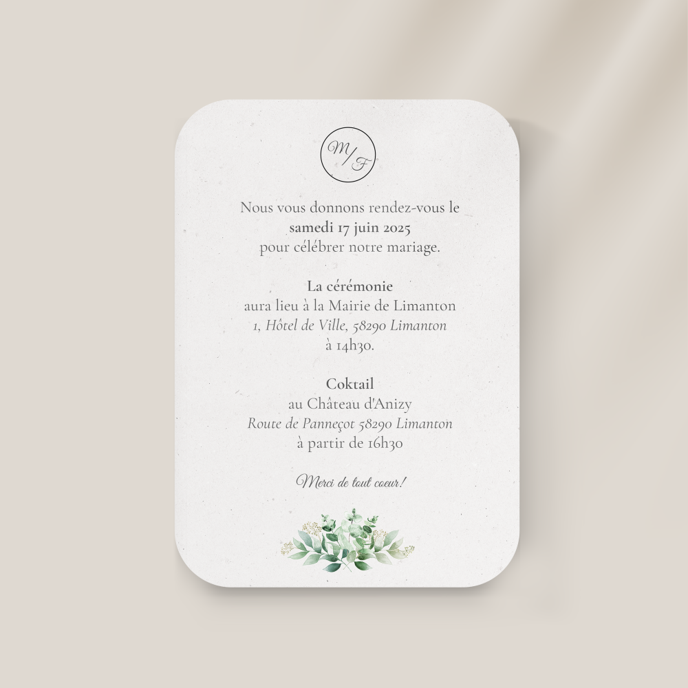 Eucalyptus Frame - Cette invitation se déploie dans une palette tenue où la couleur dominante apporte une lumière douce. La structure régulière et la typographie posée composent un cadre premium attentif à la lisibilité. Nous assurons la personnalisation complète : intégration du texte, ajustement des teintes, ajout d’un logo discret selon vos souhaits. Diffusée exclusivement en numérique, elle atteint vos invités instantanément. Chaque détail – respiration des blancs, équilibre des marges, contraste – a été pensé pour une élégance durable. Une correspondance moderne, fiable et élégante.