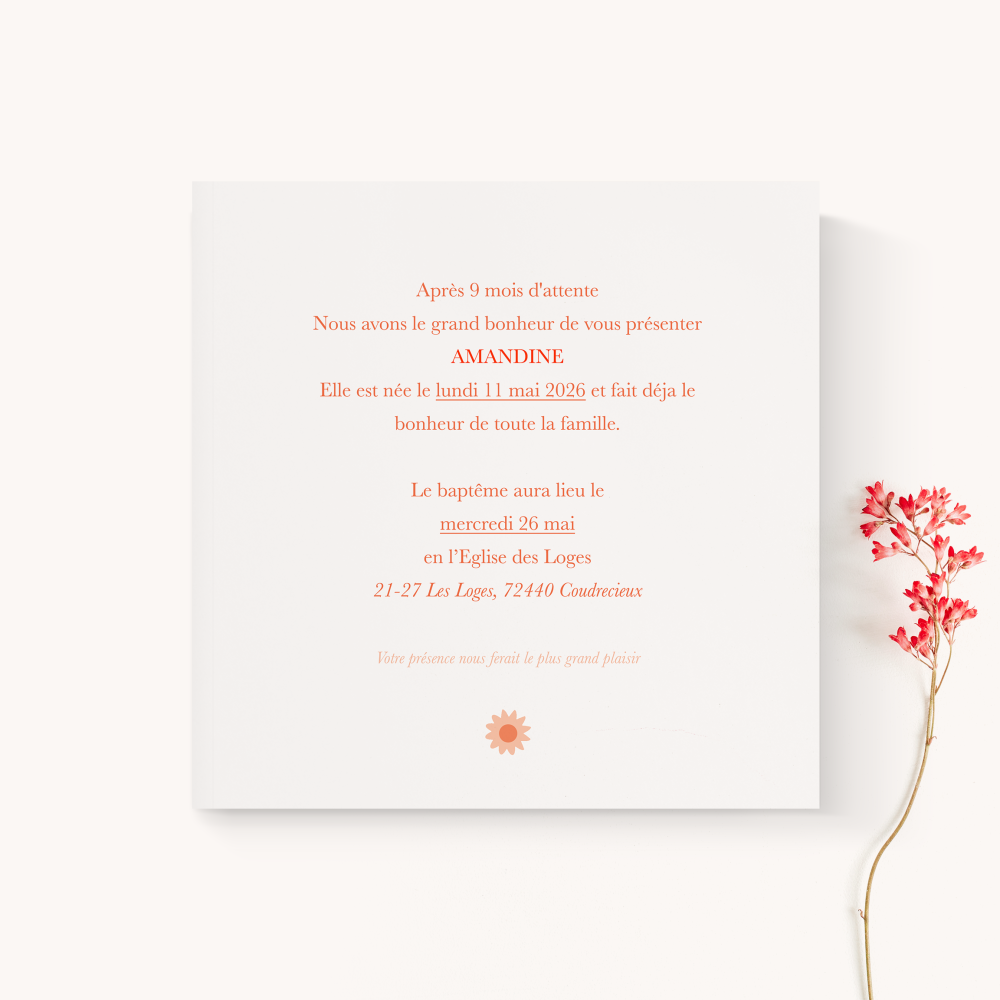 Fleurie Et Colorée - Le dessin privilégie une géométrie souple et une typographie précise, portées par une couleur dominante qui installe un ton sûr. Nos illustrateurs ont cherché l’accord juste entre respiration et tenue pour donner à vos mots une présence nette et durable. Nous prenons en charge votre personnalisation : vous nous confiez le texte, nous le composons, harmonisons la palette et ajoutons un logo discret au besoin. Diffusée uniquement au format numérique, l’invitation atteint vos destinataires en un instant. Chaque détail – cadence des blancs, épaisseur des filets, hiérarchie – contribue à une élégance sobre. Une correspondance premium, contemporaine et fiable.