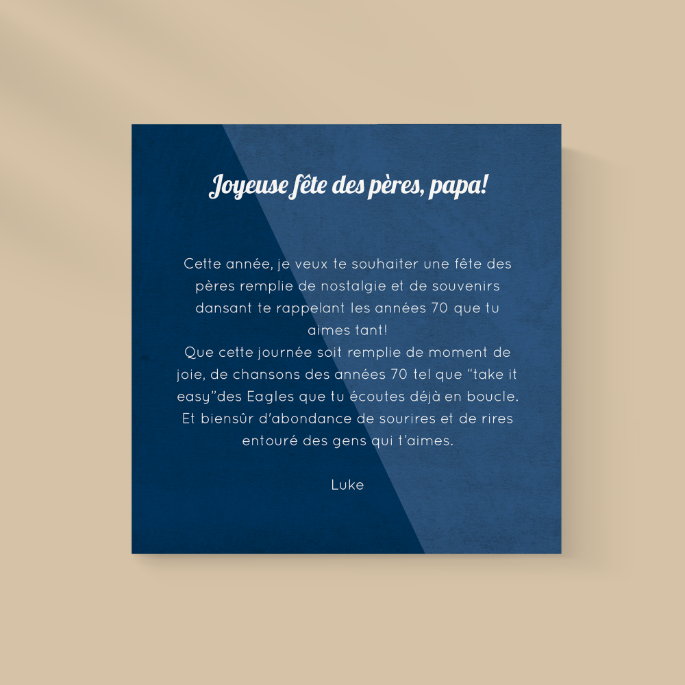 Happy Daddy - Pensée comme un écrin contemporain, cette invitation déploie une couleur dominante expressive guidée par des marges régulières et une typographie claire. Nos créateurs ont choisi la retenue pour laisser l’essentiel s’imposer. Vous nous transmettez votre texte ; nous le mettons en page avec exactitude, ajustons la palette et ajoutons un logo discret si nécessaire. Diffusée uniquement au format numérique, elle atteint vos destinataires sans délai. Chaque détail – proportion, rythme, cohérence – a été étudié pour assurer une lecture fluide et élégante. Une correspondance premium, nette et fiable, pour vos annonces.