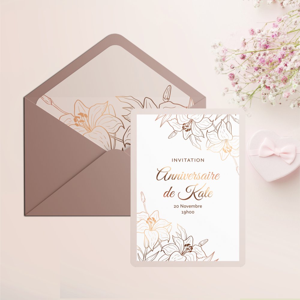 Pink Gold Flowers - Cette invitation pose d’emblée un ton clair et contemporain : une couleur dominante tenue avec justesse, une structure précise, une typographie équilibrée. Imaginée par nos illustrateurs, elle offre à vos mots un écrin net où chaque respiration a été pesée. Vous nous confiez votre texte ; nous le composons avec soin, harmonisons la palette et ajoutons, si vous le souhaitez, un logo discret. En format exclusivement digital, l’envoi est immédiat et facilite un partage élégant. L’esthétique privilégie l’exactitude des proportions, la cohérence des alignements et la mesure des contrastes afin de préserver l’émotion. Une correspondance premium, sobre et durable, pensée pour annoncer, inviter ou célébrer avec distinction.