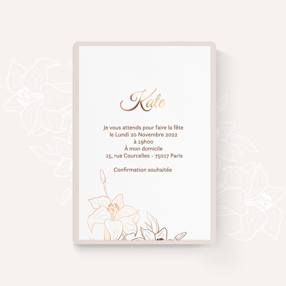 Pink Gold Flowers - Cette invitation pose d’emblée un ton clair et contemporain : une couleur dominante tenue avec justesse, une structure précise, une typographie équilibrée. Imaginée par nos illustrateurs, elle offre à vos mots un écrin net où chaque respiration a été pesée. Vous nous confiez votre texte ; nous le composons avec soin, harmonisons la palette et ajoutons, si vous le souhaitez, un logo discret. En format exclusivement digital, l’envoi est immédiat et facilite un partage élégant. L’esthétique privilégie l’exactitude des proportions, la cohérence des alignements et la mesure des contrastes afin de préserver l’émotion. Une correspondance premium, sobre et durable, pensée pour annoncer, inviter ou célébrer avec distinction.