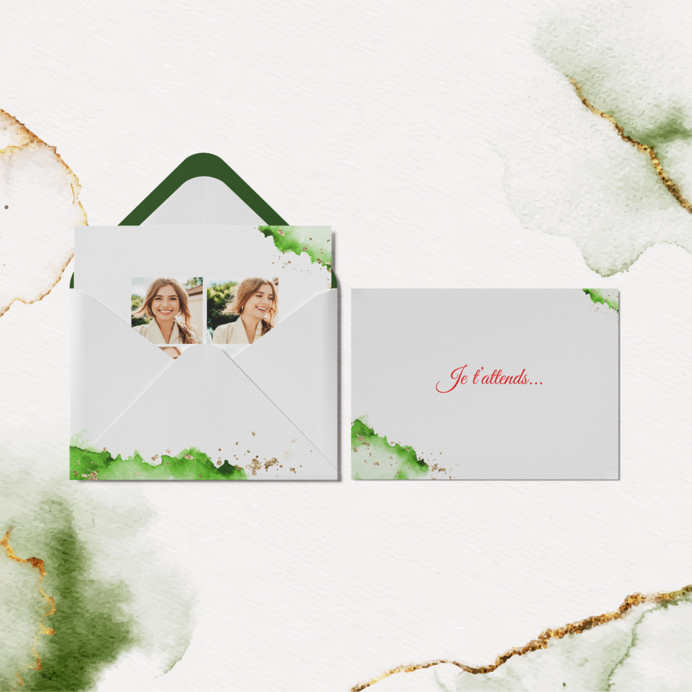 Aqua Ink - Pensée comme une annonce raffinée, cette création met en scène un jeu de matières et de couleurs qui capte le regard sans l’accaparer. Les lignes claires, le rythme des formes et la respiration du blanc posent un cadre haut de gamme à vos messages. Notre équipe se charge de votre personnalisation : vous nous envoyez le texte, nous l’intégrons avec soin, nous ajustons les teintes et pouvons ajouter un logo pour signer votre envoi. Entièrement digitale, l’invitation parvient aussitôt à vos invités, idéale pour une diffusion rapide et soignée. L’esthétique privilégie la nuance, la mesure et l’émotion contenue, afin que vos mots restent au premier plan. Une invitation contemporaine qui conjugue graphisme précis, souplesse d’usage et présence élégante. 