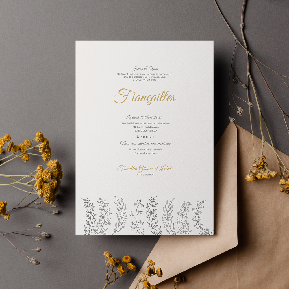 Royal Garden Ring - Cette invitation explore une modernité tranquille : aplats maîtrisés, lignes souples, lumière mesurée. La couleur dominante soutient le message sans l’écraser et installe un ton sûr. Conçu par nos illustrateurs, le modèle valorise l’essentiel : lisibilité, tenue et cohérence. Nous assurons la personnalisation sur mesure : texte composé, nuances harmonisées, logo discret si souhaité. Entièrement digitale, l’invitation est envoyée immédiatement à vos invités. Chaque détail — marges, rythme, interlignage — est calibré pour une présence nette et durable. Une correspondance premium, intemporelle dans sa sobriété, qui accompagne vos annonces avec tact et précision.