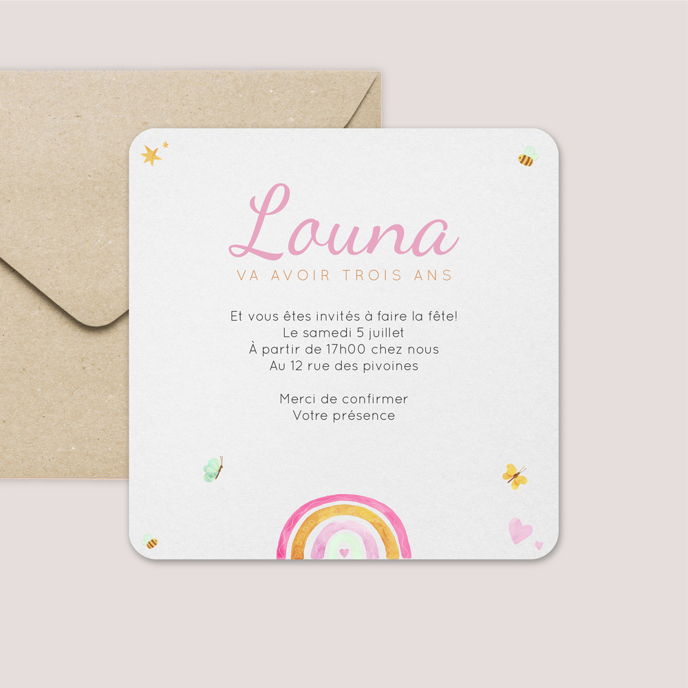 Rainbow Pink - Cette création met l’accent sur une modernité apaisée : surfaces maîtrisées, lignes souples, rythme visuel mesuré. La couleur dominante appuie vos mots avec tact, tandis que la mise en page valorise l’essentiel. Imaginée par nos illustrateurs, l’invitation propose un graphisme original sans ostentation. Vous nous envoyez votre texte ; nous le composons avec précision, ajustons la palette et ajoutons, si besoin, un logo discret. Diffusée en digital, elle parvient instantanément à vos invités et donne à votre message une allure claire et haut de gamme, sans effets excessifs. Une correspondance élégante qui privilégie la justesse, la lisibilité et la tenue des détails.