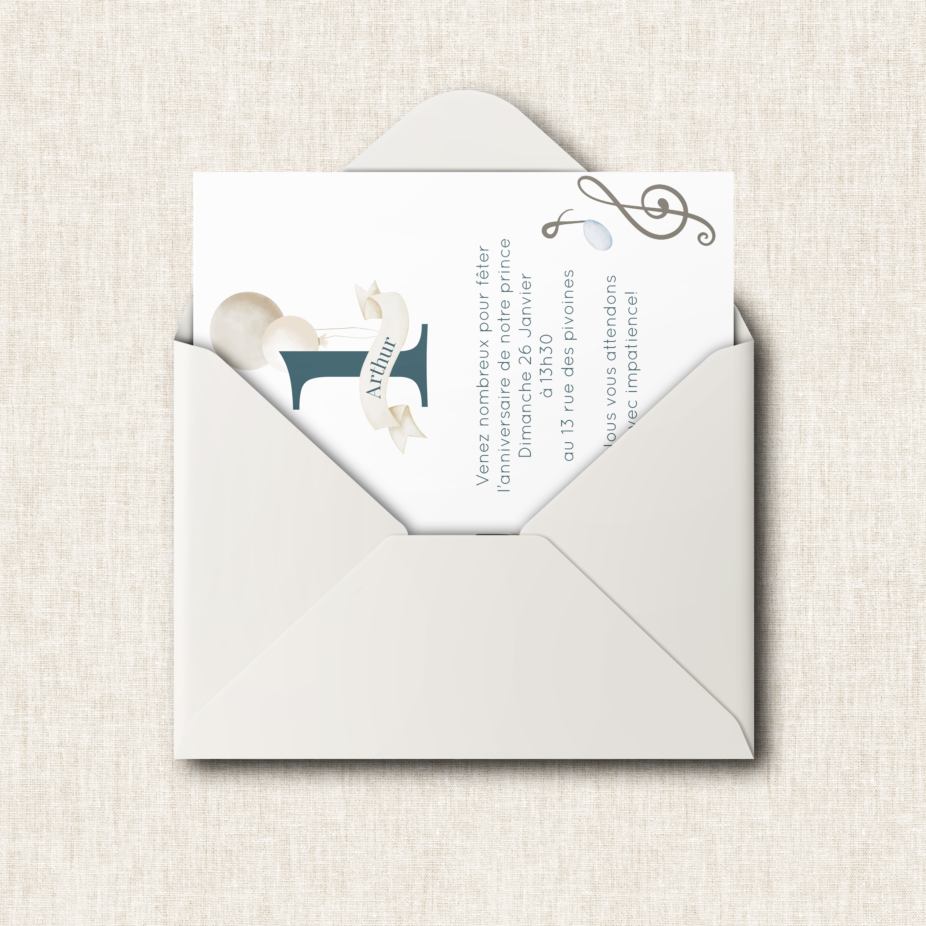 Musical Balloons - Cette invitation affirme une présence nette : couleur dominante précise, composition régulière, typographie posée. Pensée par nos créateurs, elle propose une esthétique premium où l’évidence graphique souligne votre message. Vous nous transmettez le texte ; nous le mettons en page avec exactitude, accordons la palette et ajoutons, si souhaité, un logo discret. Entièrement digitale, elle se diffuse immédiatement auprès de vos invités. Les proportions maîtrisées, la hiérarchie claire et les contrastes mesurés assurent une lecture fluide et élégante. Un modèle contemporain pour annoncer avec tact et inviter avec sûreté, sans effets superflus.