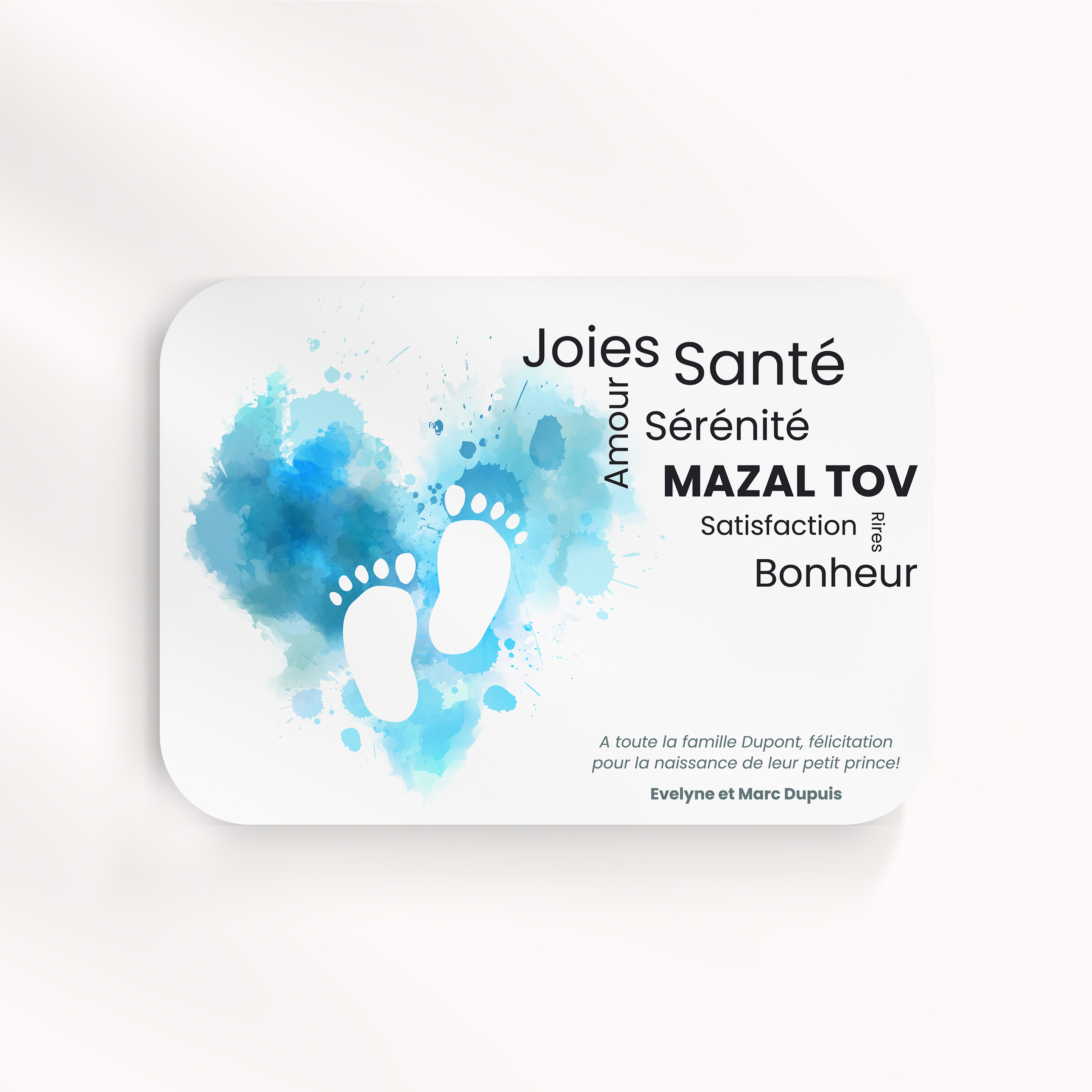 Blue Little Feet - Le dessin affirme une modernité claire : couleur dominante douce, marges équilibrées, typographie précise. Nos illustrateurs ont conçu un modèle premium qui met en avant la sobriété élégante. Nous assurons la personnalisation : vous nous envoyez le texte, nous l’intégrons avec soin, ajustons les nuances et ajoutons un logo discret. Diffusée exclusivement en numérique, elle atteint vos invités immédiatement. Chaque détail – hiérarchie, contrastes, proportions – a été calibré pour préserver fluidité et raffinement. Une correspondance contemporaine, simple et durable.