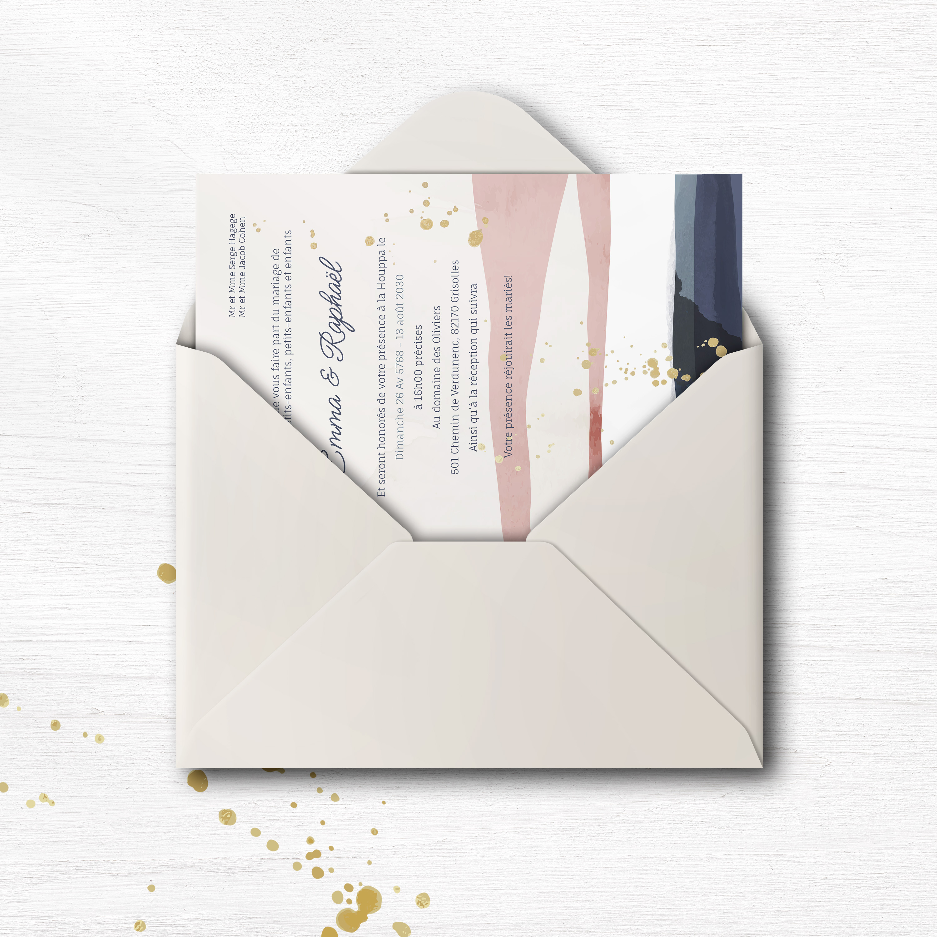 Splash Aquarelle Invit - Le dessin met en avant une sobriété élégante : dominante chromatique claire, proportions régulières, typographie posée. Nos illustrateurs ont conçu une invitation premium qui met la lisibilité au premier plan. Vous nous confiez le texte ; nous le composons avec exactitude, ajustons les teintes et ajoutons un logo discret. Entièrement digitale, elle rejoint vos invités instantanément. Chaque détail – espacements, contrastes, hiérarchie – a été calibré pour préserver fluidité et raffinement. Une correspondance contemporaine, claire et fiable.