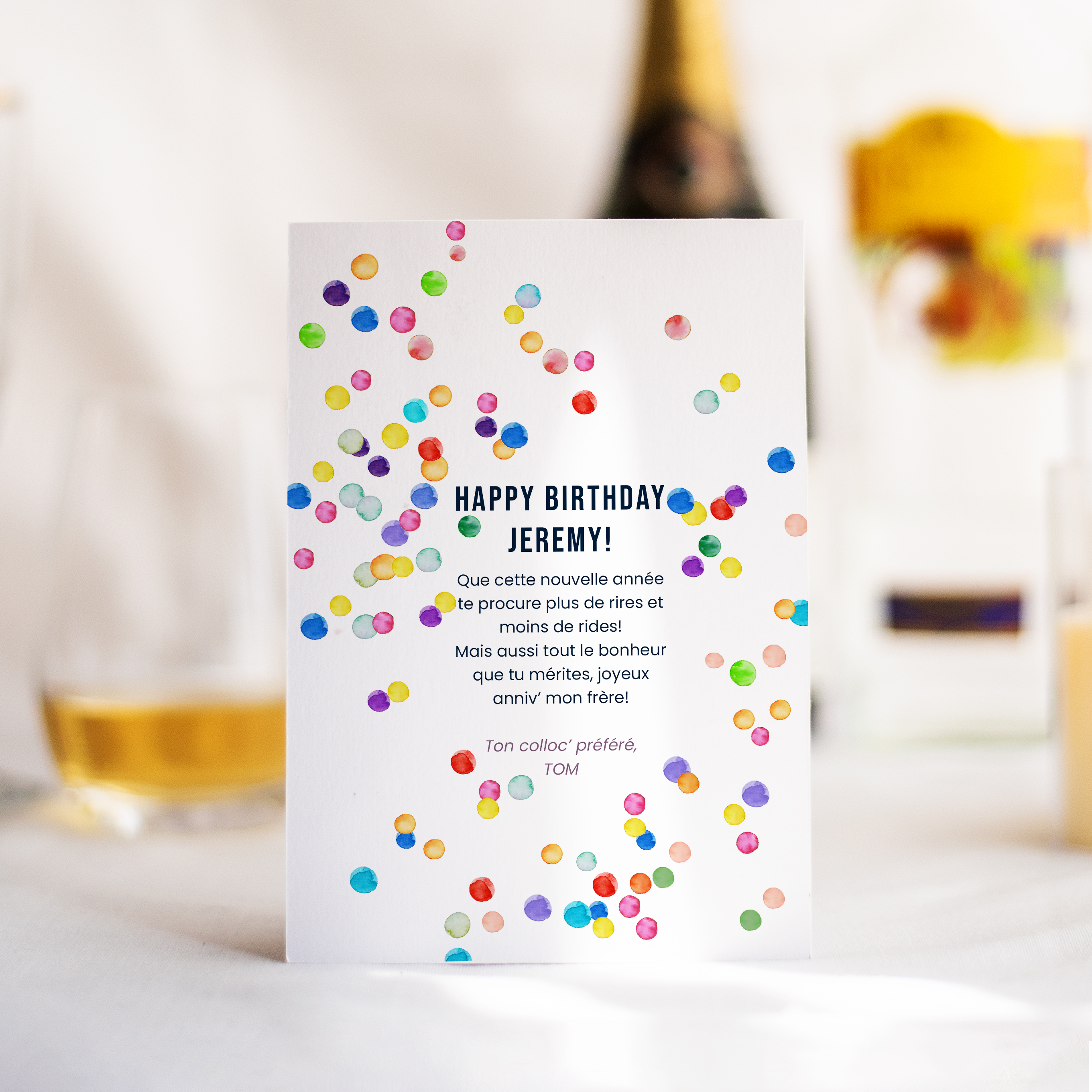 Confetti - Le modèle illustre une clarté posée : couleur dominante douce, proportions équilibrées, typographie précise. Nos illustrateurs ont façonné une esthétique premium qui associe sobriété et rigueur. Nous assurons la personnalisation complète : vous nous confiez le texte, nous le composons, ajustons les nuances et ajoutons un logo discret. Diffusée exclusivement en numérique, l’invitation atteint vos invités sans délai. Chaque choix – hiérarchie, cadence, contrastes – a été pensé pour préserver fluidité et élégance. Une correspondance contemporaine, simple et raffinée.