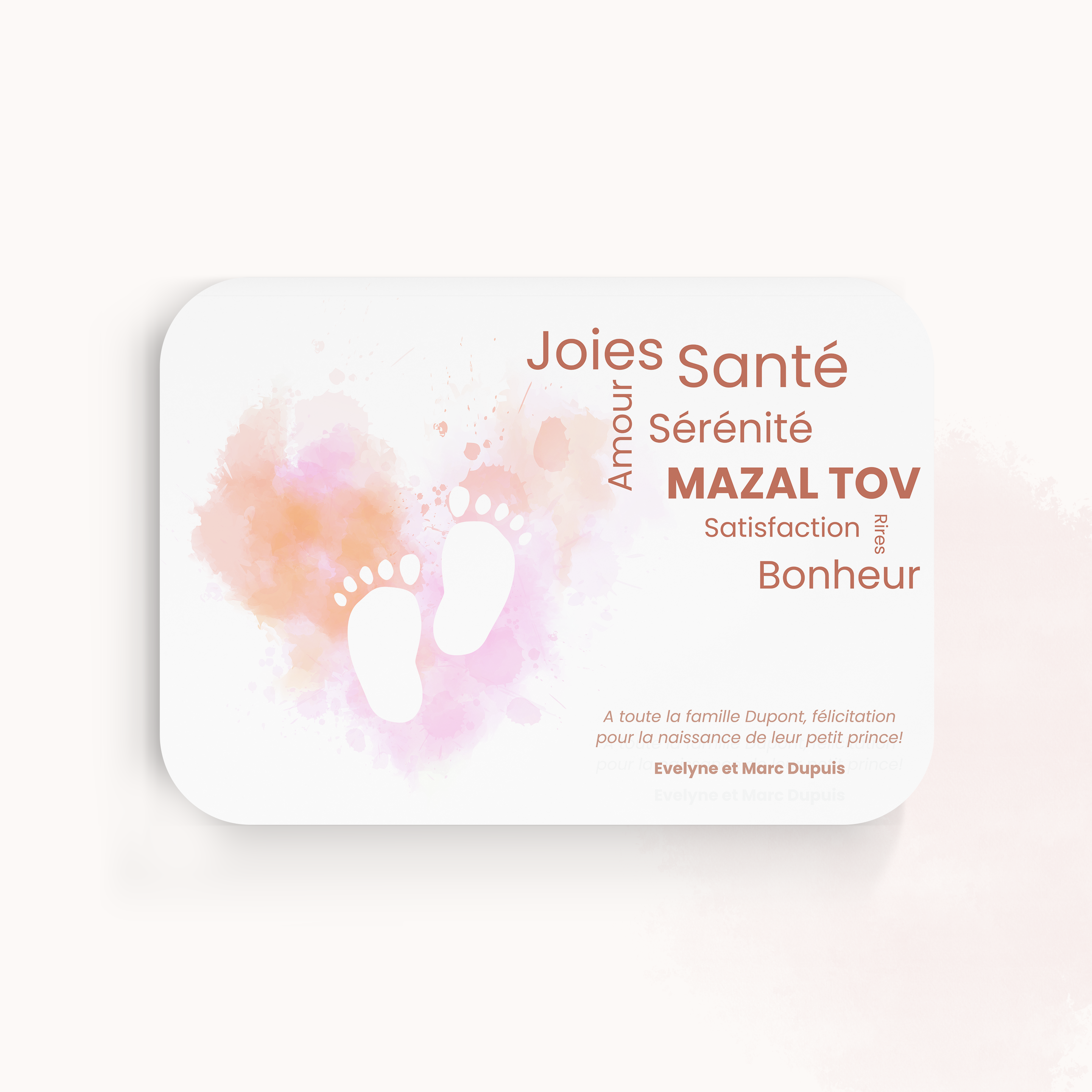 Pink Little Feet - Cette invitation met en lumière une dominante chromatique affirmée, tempérée par une mise en page sobre et une typographie nette. Nos créateurs ont voulu une esthétique premium qui associe rigueur et clarté. Nous assurons la personnalisation complète : vous nous transmettez le texte, nous l’intégrons avec exactitude, harmonisons la palette et ajoutons un logo discret. 100% digitale, elle atteint vos invités sans délai. Chaque paramètre – proportions, cadence, marges – a été pensé pour garantir fluidité et élégance. Une correspondance contemporaine, simple et posée.