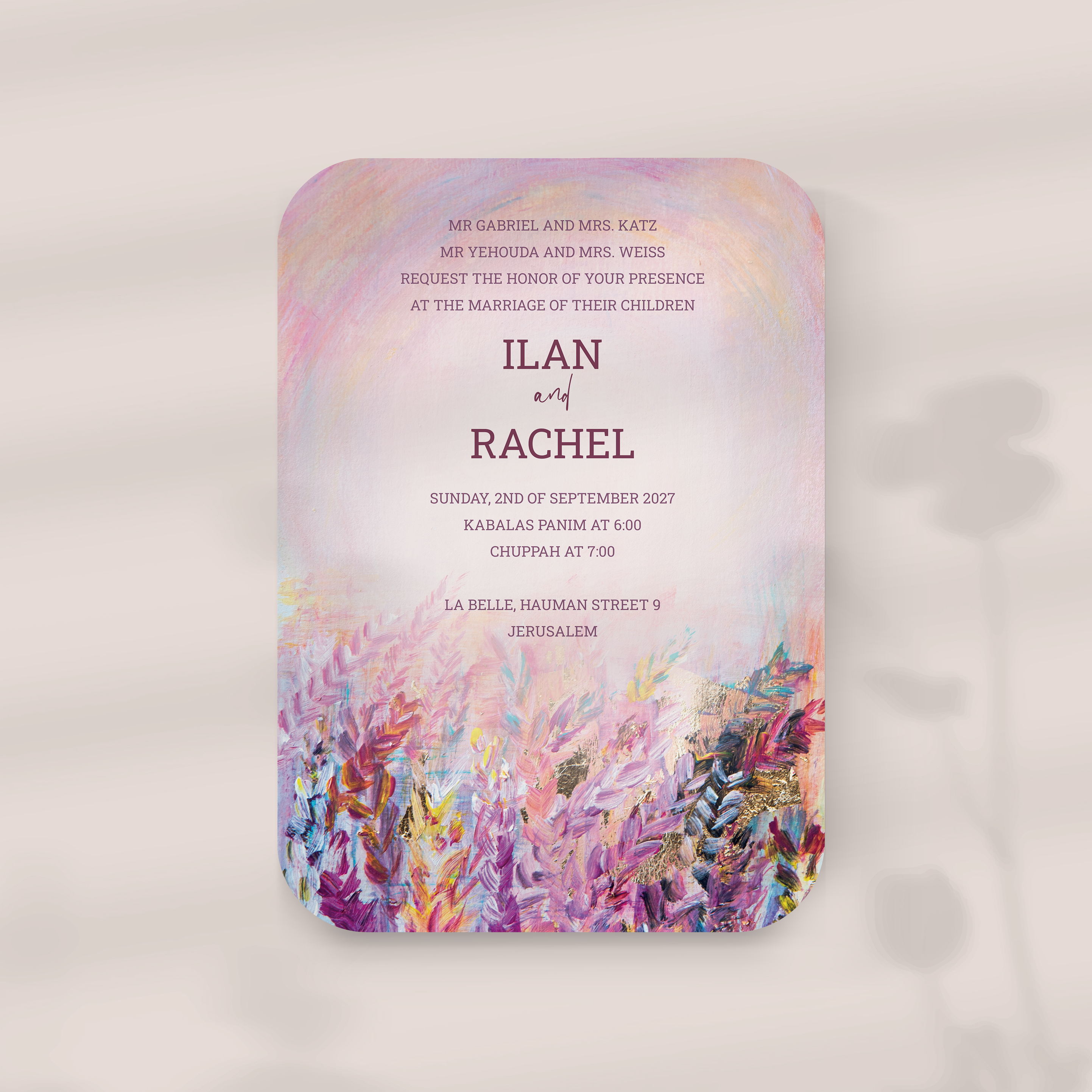 Colored Wheat - Le modèle illustre une sobriété lumineuse : couleur dominante claire, marges régulières, typographie nette. Nos illustrateurs ont conçu une invitation premium qui valorise équilibre et clarté. Nous assurons la personnalisation complète : vous nous confiez le texte, nous l’intégrons, ajustons les nuances et ajoutons un logo discret. Diffusée exclusivement en numérique, elle atteint vos invités immédiatement. Chaque élément – proportions, contrastes, alignements – a été calibré pour préserver fluidité et élégance. Une correspondance contemporaine, fiable et raffinée.