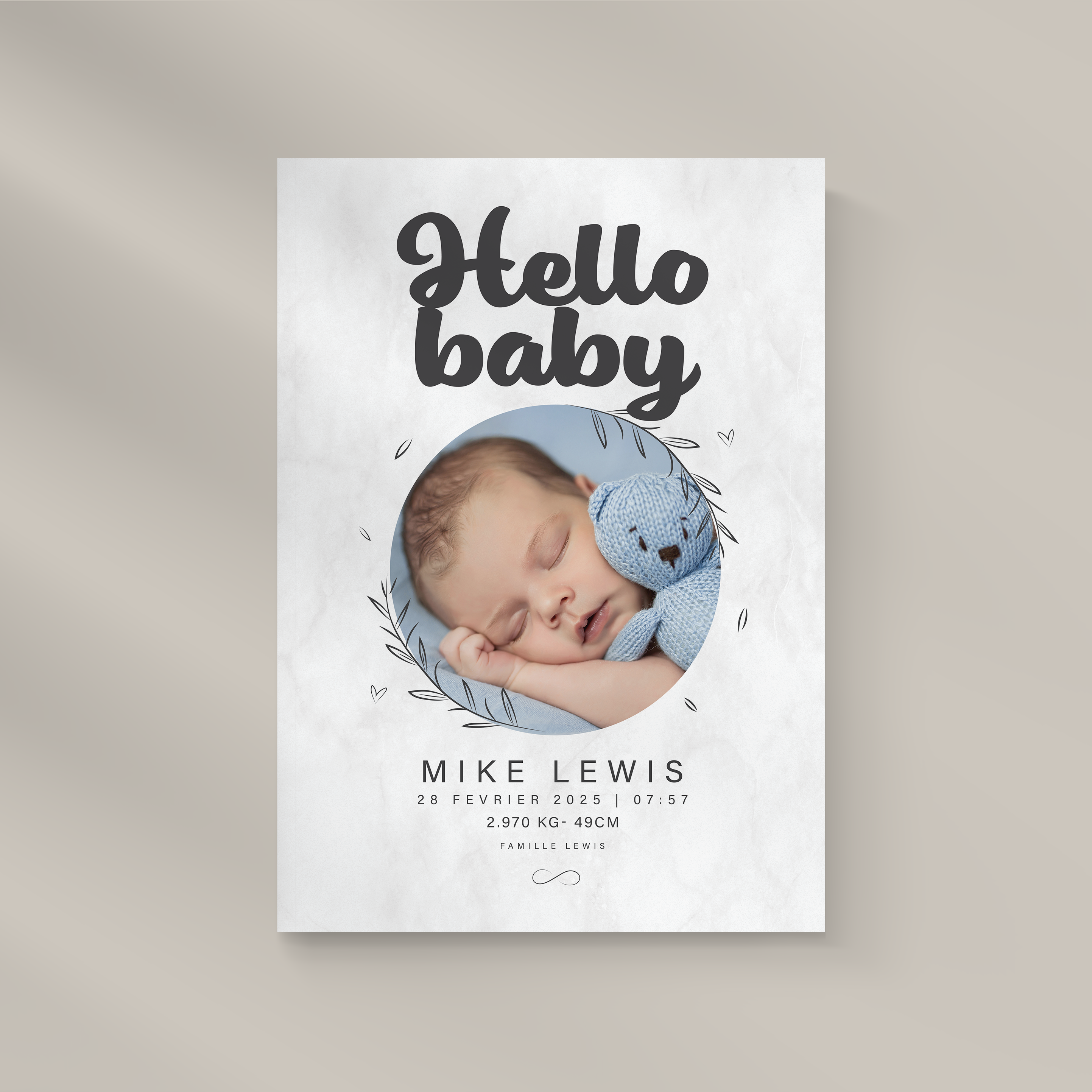 Hello Baby - Ici, l’équilibre entre proportion et respiration guide la composition. La couleur dominante agit comme un accent mesuré qui soutient vos mots sans les dominer. Nos créateurs ont imaginé une invitation claire, droite et intemporelle. Vous nous confiez le texte ; nous le mettons en page avec soin, ajustons les teintes et ajoutons un logo discret si nécessaire. Diffusée exclusivement en digital, elle rejoint vos invités en un instant. Chaque élément a été pensé pour préserver lisibilité et harmonie. Une correspondance haut de gamme, conçue pour durer et valoriser vos annonces avec justesse.