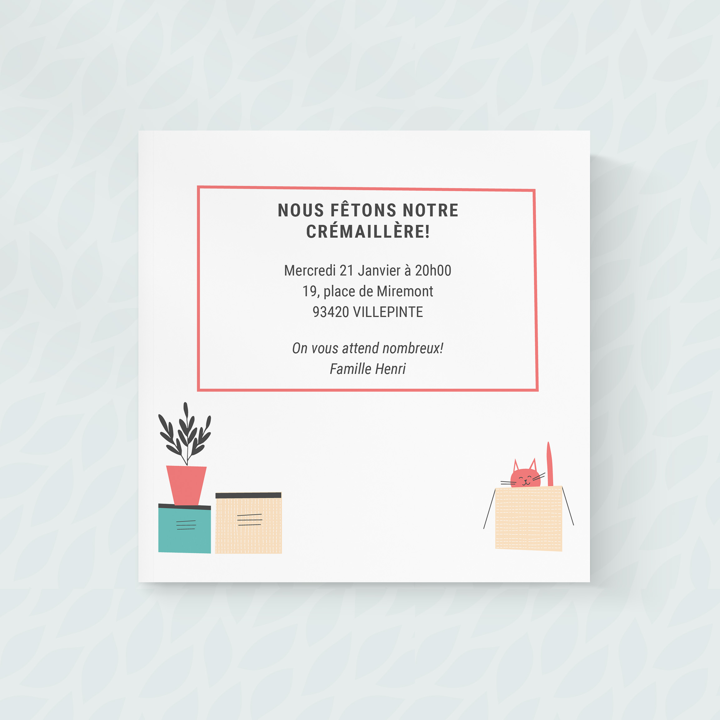 Nouvelle Adresse - Cette invitation s’exprime par une dominante chromatique claire, renforcée par des marges régulières et une typographie précise. Nos créateurs ont voulu une esthétique premium qui allie sobriété et raffinement. Vous nous confiez votre texte ; nous l’intégrons avec soin, harmonisons la palette et ajoutons un logo discret. Entièrement digitale, elle atteint vos invités instantanément. Chaque paramètre – proportions, cadence, hiérarchie – a été pensé pour préserver fluidité et élégance. Une correspondance contemporaine, fiable et élégante, idéale pour annoncer avec clarté et inviter avec tact.