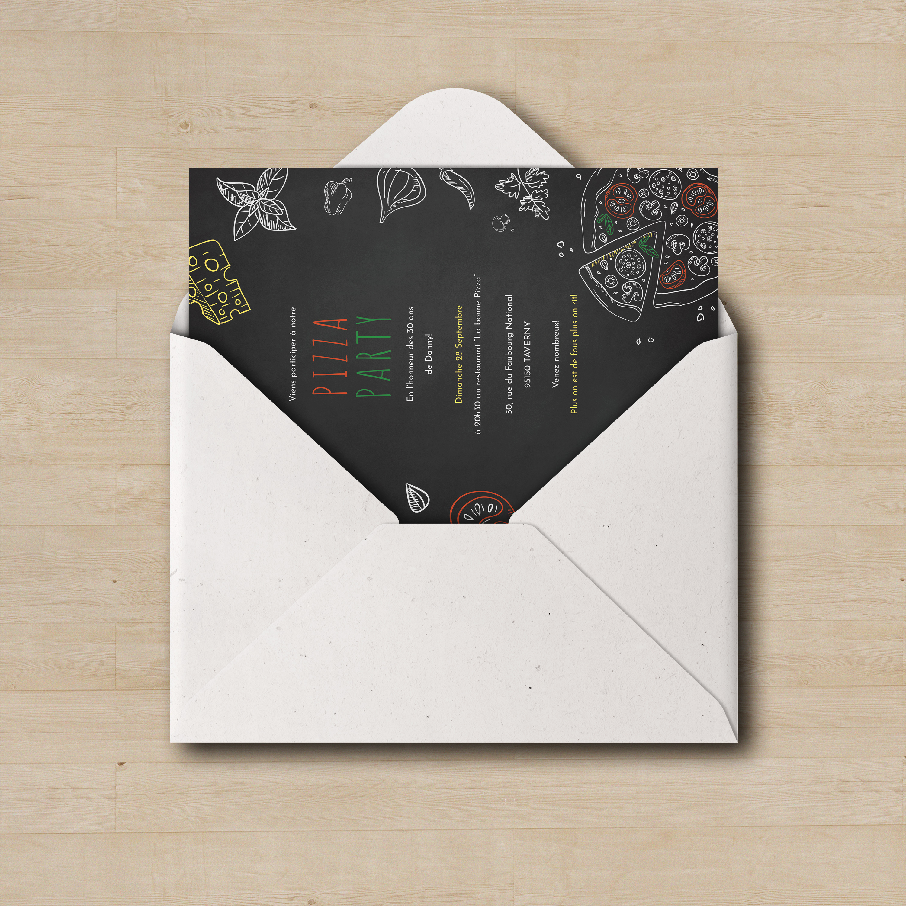 Pizza Party - Cette invitation adopte une esthétique claire et apaisée : couleur dominante douce, proportions équilibrées, typographie posée. Imaginée par nos créateurs, elle propose une présence premium qui met la sobriété au service de l’élégance. Vous nous confiez le texte ; nous le composons avec exactitude, harmonisons la palette et ajoutons un logo discret si nécessaire. Diffusée uniquement en digital, elle parvient à vos invités immédiatement. Chaque détail – contrastes mesurés, marges aérées, hiérarchie limpide – compose une lecture fluide et raffinée, adaptée aux annonces comme aux invitations.